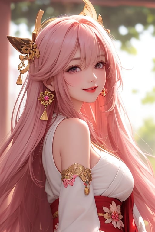 ba shen zi, 1girl, solo, purple eyes, pink hair, blush, smile, long hair, animal ears, fox ears, bare shoulders, hair between eyes, bangs, japanese clothes, parted lips, jewelry, earrings, hair ornament, upper body,blush,breasts,bangs,hair ornament,blurry,paper lantern,closed mouth,looking back,blurry,cheerful demeanor,radiant smile,bright personality,warm-hearted nature,optimistic outlook,vibrant energy,sun-kissed complexion,joyful laughter,free-spirited,carefree attitude,(outgoing nature:1.2),uplifting presence,playful spirit,(positive vibes:1.2),(lively enthusiasm:1.1),(beaming with happiness:1.3),(natural beauty:1.2),(sunshine in her eyes:1.1),(infectious laughter:1.3),<lora:aki-000002:0.5>,