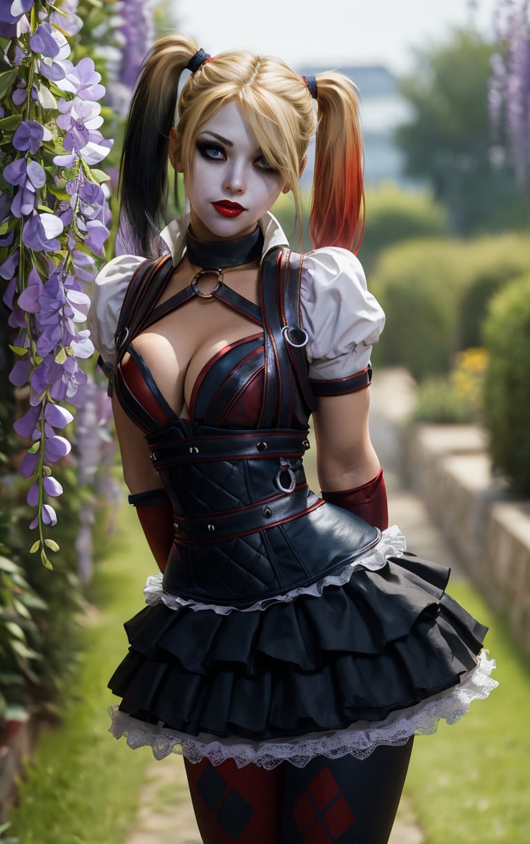 (masterpiece, best quality:1.4), insaneres, absurdres, solo, looking at viewer, BREAK GAME_ArkhamKnight_HarleyQuinn_ownwaifu, 1girl, blonde hair, twintails, breasts, makeup, multicolored hair, lipstick, large breasts, blue eyes, red lips, hair over one eye, eyeshadow, short twintails, two-tone hair, cleavage, skirt, pantyhose, choker, asymmetrical legwear, uneven legwear, gloves, mismatched legwear, puffy sleeves, detached sleeves, o-ring, frilled skirt, corset, thighhighs, frills, short sleeves, puffy short sleeves, (leaning forward, arms behind back), cowboy shot, garden, wisteria, outdoors, <lora:GAME_ArkhamKnight_HarleyQuinn_ownwaifu:0.85> , depth of field ,