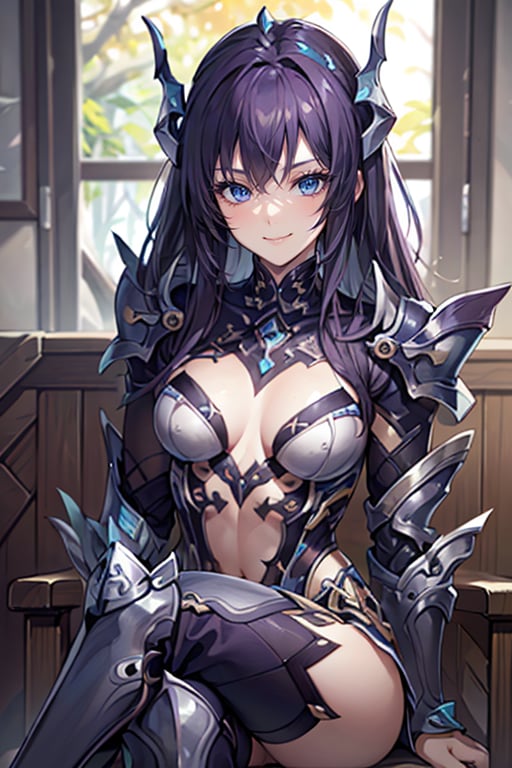 hxarmour,<lora:HXarmour_018:0.7>,1girl,smile,crown.,(dark purple armour:1.3),(Sitting with crossed legs:1.2),ultra-detailed,extremely delicate and beautiful,(by exquisite colors block),masterpiece,best quality,unreal engine 5 rendering,movie light,movie lens,movie special effects,detailed details,HDR,UHD,8K,CG wallpaper,in autumn,