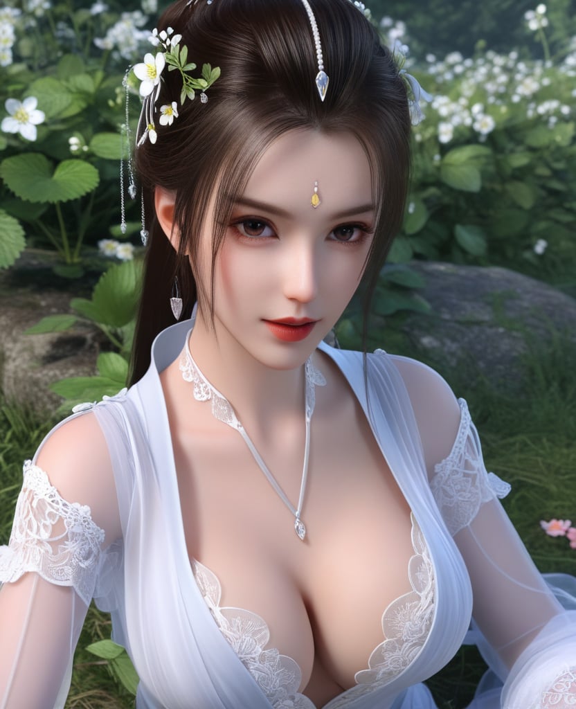 <lora:612-DA-XL-少年白马醉春风-玥瑶:0.8>(,1girl, ,best quality, ),looking at viewer,masterpiece, (( , )),ultra realistic 8k cg, ,    ,cleavage,strawberry blossoms,lace , (cleavage), (),