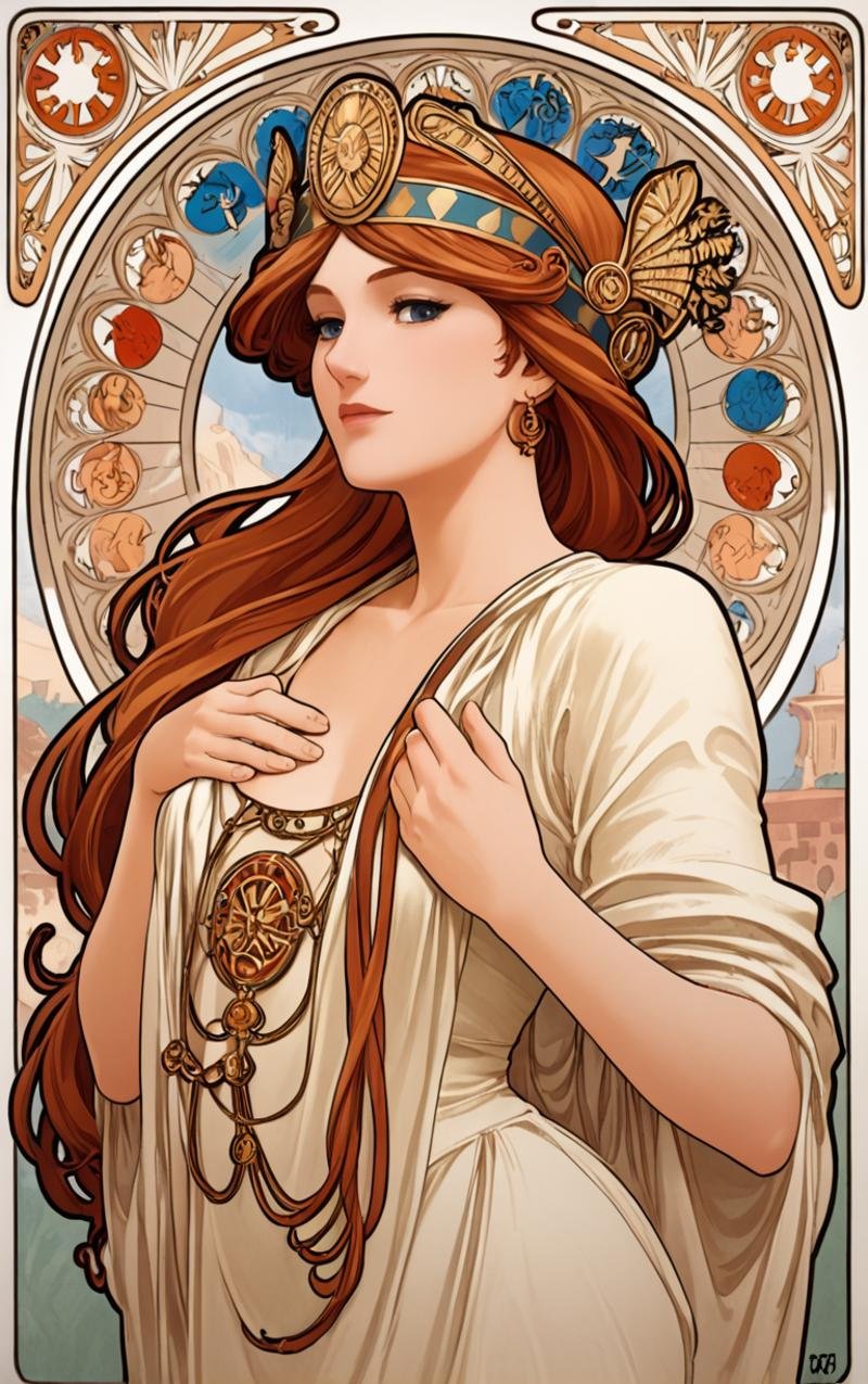 <lora:Mucha:1> mucha, art nouveau,athena, goddess,, <lora:princess_xl_v2:0.8>