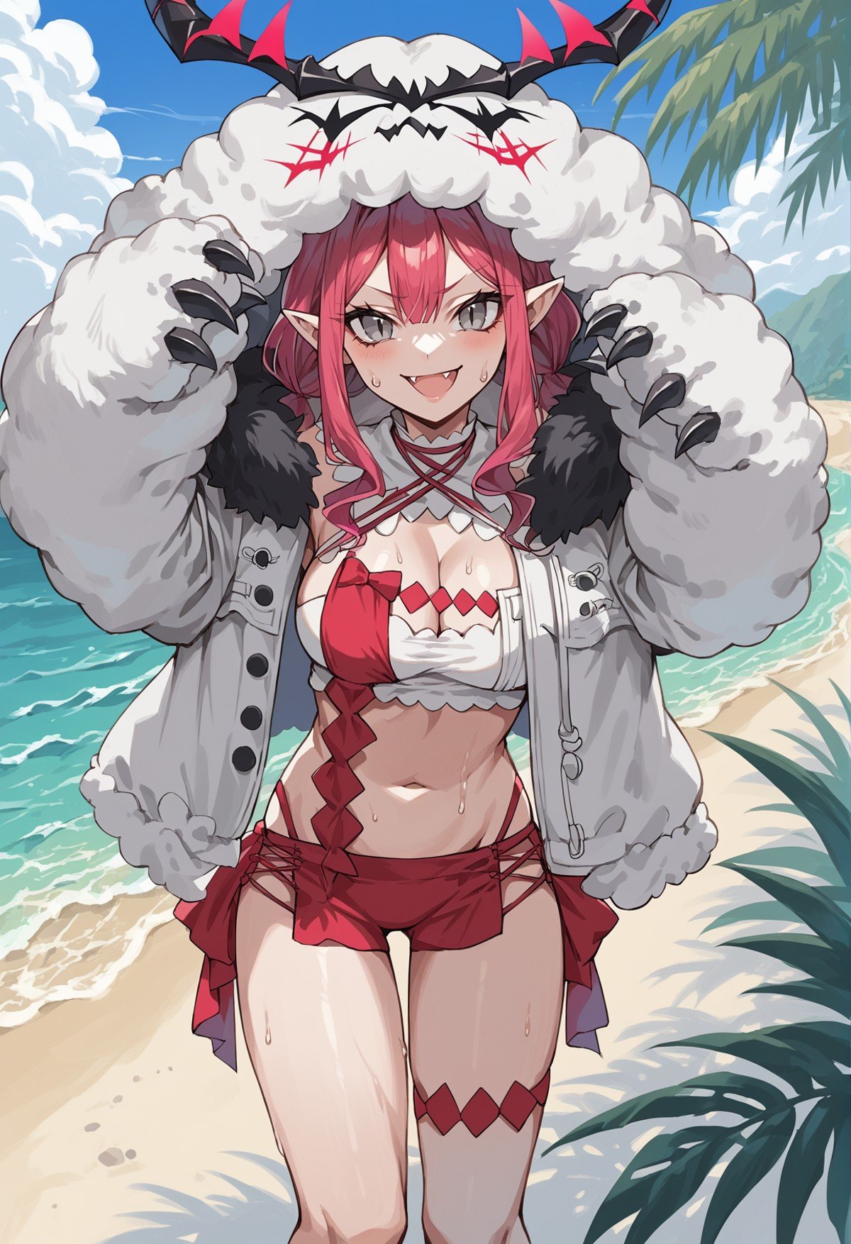 1girl, grey skin, colored skin, pale skin, pointy ears, pink hair, very long hair, grey eyes, multicolored hair, gradient hair, grey hair, character hood, fur trim, fur-trimmed jacket, claws, horns, short dress, cleavage, (navel), Thigh Strap, Platform Footwear, standing, outdoors, sweat, beach, hands up, arms up, shore, palm tree, smile, open mouth, fang <lora:bob:1>, score_9, score_8_up, score_7_up, score_6_up, score_5_up, score_4_up, BREAK source_anime, masterpiece