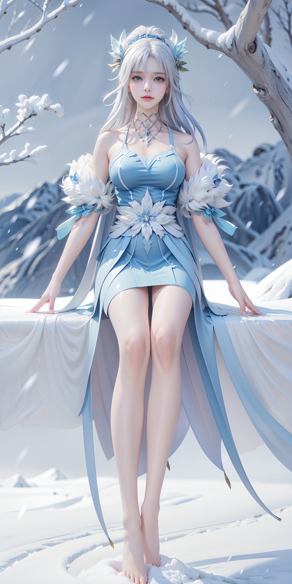 <lora:LN_20240109183912:0.75>,LN,1girl,solo,barefoot,dress,white hair,blue eyes,long hair,hair ornament,jewelry,fur trim,blue dress,bare shoulders,looking at viewer,snow,snowing,tree,outdoors,bare tree,blue theme,(sitting:1.3),, (raw photo:1.2),((photorealistic:1.4))best quality,masterpiece,illustration,an extremely delicate and beautiful,extremely detailed,CG,unity,8k wallpaper,Amazing,finely detail,masterpiece,best quality,official art,extremely detailed CG unity 8k wallpaper,absurdres,incredibly absurdres,huge filesize,ultra-detailed,highres,extremely detailed,beautiful detailed girl,cinematic lighting,1girl,pale skin,tall female,(perfect body shape),skinny body,Slender legs,