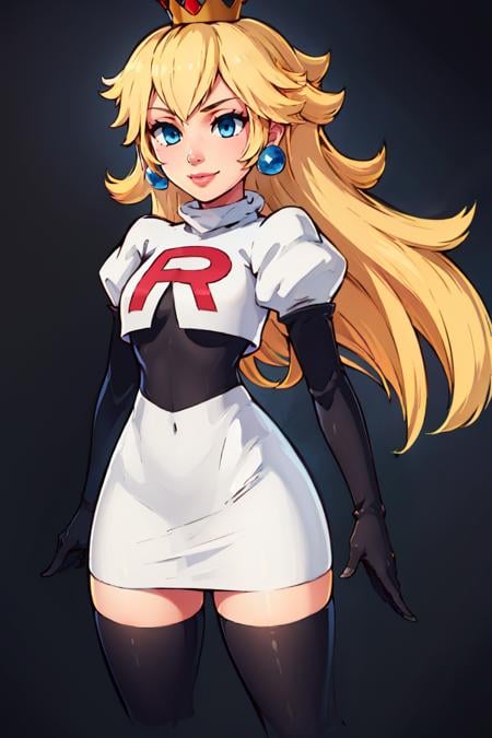 <lora:Cosplay_TeamRocket_v2:0.8>, ((masterpiece,best quality)), Cosplay_TeamRocket, white jacket, cropped jacket, white skirt, elbow gloves, black thighhighs, zettai ryouiki, 1girl, <lora:princesspeach-lora-nochekaiser:1> princess peach, blonde hair, blue eyes, smile, long hair, crown, dress, gem, gloves, smile