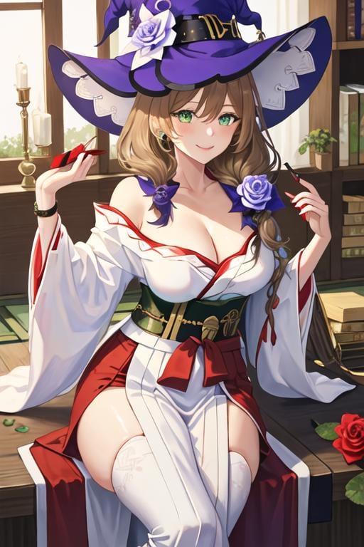 best quality, masterpiece, highres, solo, {white kimono:1.35}, {red hakama:1.35}, {wide sleeves:1.20}, {lisa_genshin:1.15}, long_hair, green_eyes, bangs, brown_hair, flower, breasts, smile, hat, rose, cleavage, large_breasts, purple_flower, witch_hat, hair_between_eyes, purple_headwear, hair_ornament, jewelry, hair_flower, purple_rose, hat_flower, blush