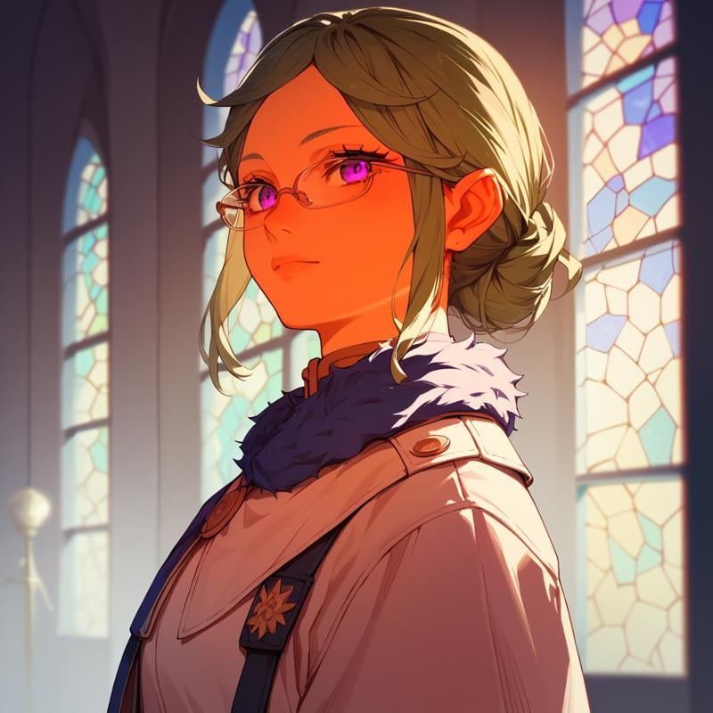 <lora:SlimesLetoile:1>, score_9, score_8_up, score_7_up, slimes_letoile, woman, solo, glasses, purple eyes, castle interior background