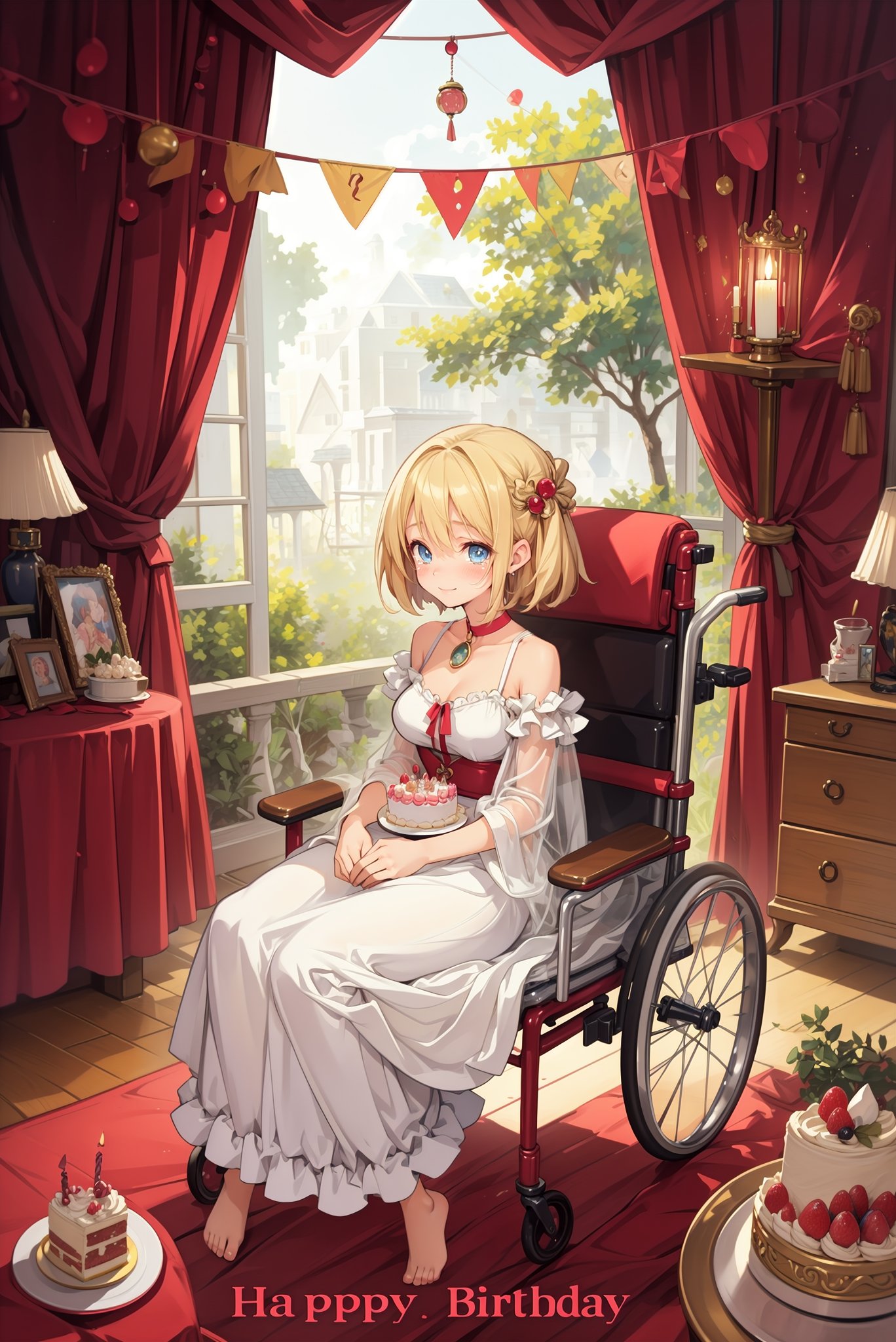 ,, ,, ,, ,, 1girl,solo,full body, fantasy building style,1girl,solo,mist,forest,blonde hair,lingerie,picture_\(object\), wind chime,curtains,absurdly long dress,window,gem,soul gem, ruby,sapphire,crystal, sitting,jewelry,computer station,wheelchair,sitting on wheelchair,half-closed eyes,blush,light smile barefoot,hand on lap, v arms,(happy birthday, (birthday cake), candle,big cake by side,birthday, birthday party),at castle,happy tears,blue eyes,see-through,