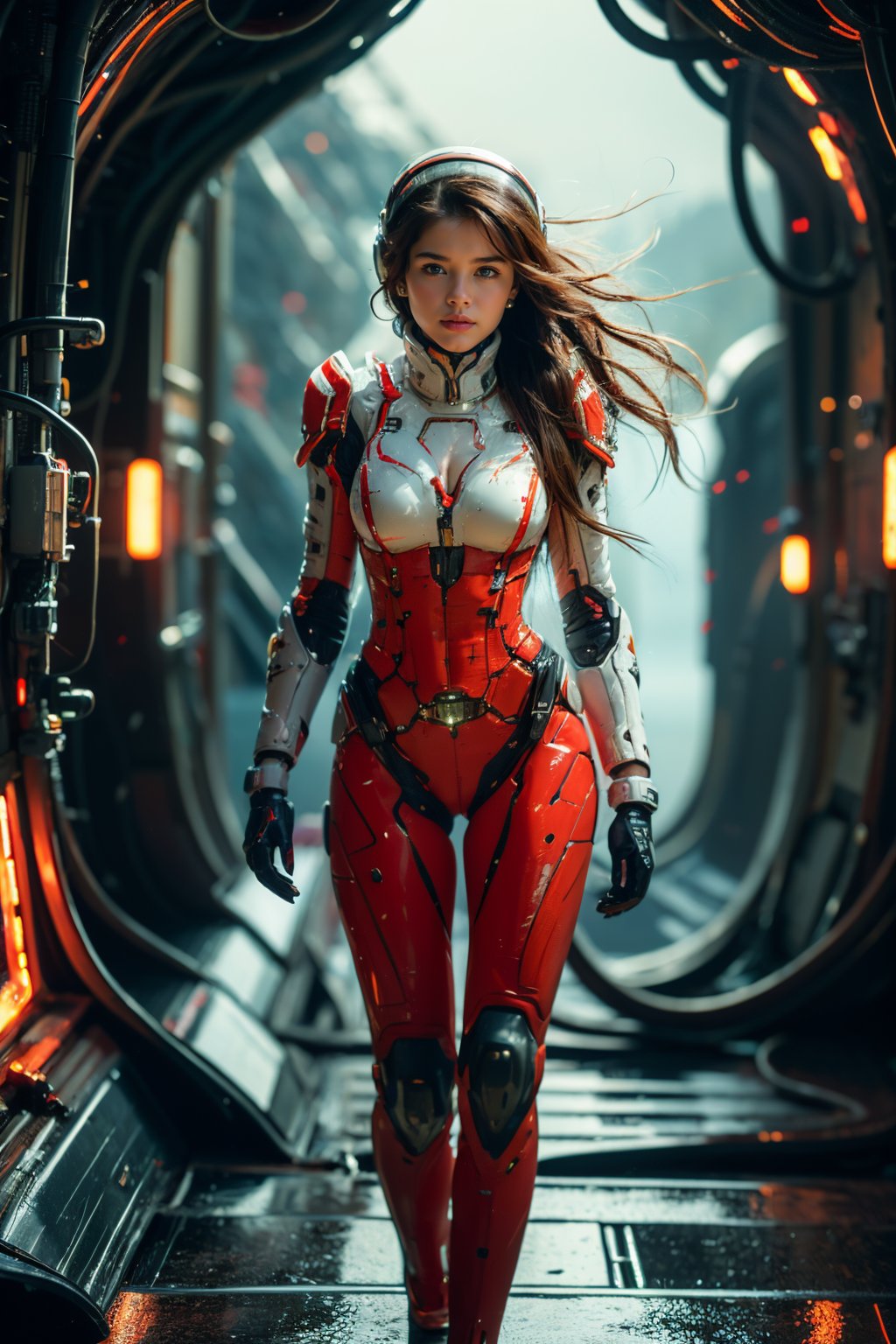 weilai01,1girl,solo,long hair,green bodysuit,science fiction,looking at viewer,breasts,brown hair,walking,floating hair,gloves,<lora:weilai-1.5:0.8>,helmet,cleavage cutout,, best quality, ultra-detailed, masterpiece, finely detail, highres, 8k wallpaper