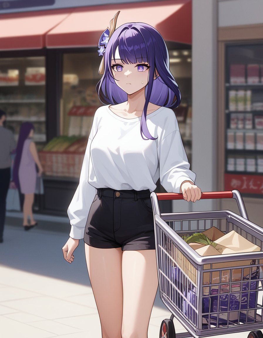 score_9, score_8, score_7, source_anime,rating_safe,1girl, raiden shogun, genshin impact, purple hair, purple eyes, casual,shopping cart, confused, sweatdrop