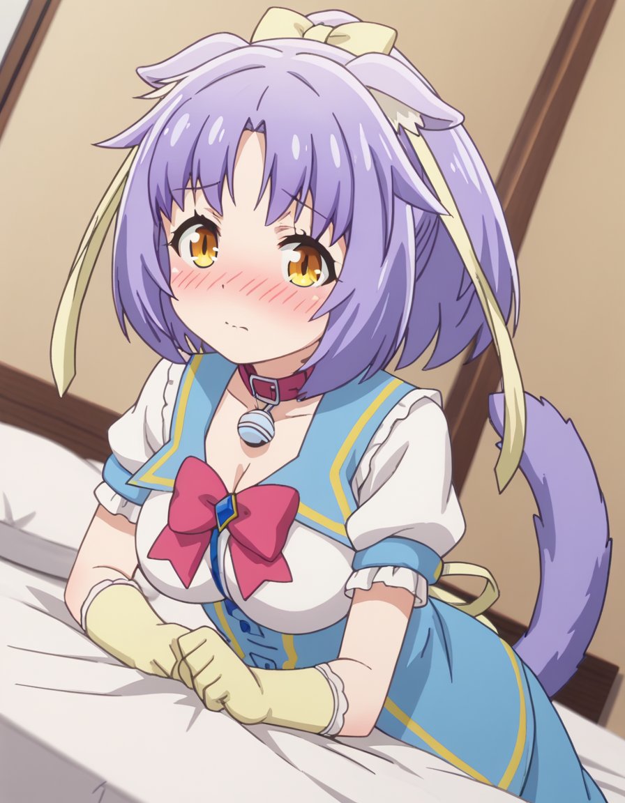 score_9, score_8_up, score_7_up, source_anime,nekoparacinnamon, <lora:nekopara-cinnamon-s1-ponyxl-lora-nochekaiser:1>,cinnamon, short hair, animal ears, yellow eyes, purple hair, cat ears,gloves, bow, ribbon, cleavage, tail, hair ribbon, short sleeves, collar, cat tail, bell, jingle bell, neck bell, yellow gloves,indoors, bed, bed room, on side, blush, drunk,looking at viewer, solo, cowboy shot, dutch angle,