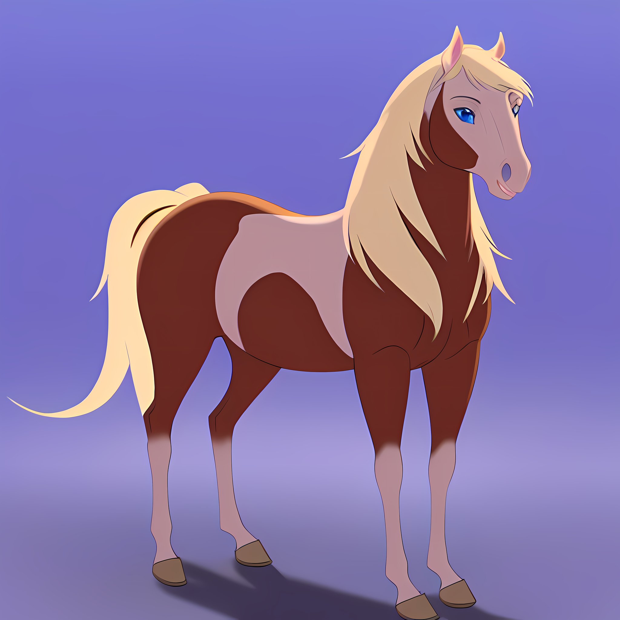 1horse, sorrel tovero paint horse with a roman nose, a pale blonde mane and tail, and crystal blue eyes, with eagle feather in her mane, (best quality, masterpiece), (one color background), (((fur))), (flat background),  <lora:rain_from_spirit2002:0.7>, full body, 3d