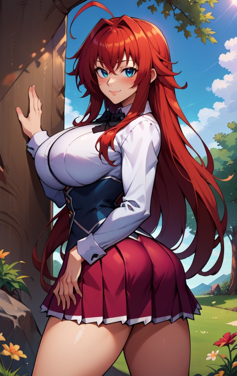 score_9, score_8_up, score_7_up, score_9,  BREAK  <lora:RiasGremorySDXL:0.8> riasgremorySDXL, 1girl, solo, long hair, breasts, looking at viewer, blush, smile, bangs, blue eyes, skirt, large breasts, shirt, long sleeves, bow, hair between eyes, ass, from behind, very long hair, closed mouth, school uniform, standing, cowboy shot, white shirt, ahoge, thighs, red hair, pleated skirt, outdoors, sky,  day, collared shirt, miniskirt, bowtie, huge breasts, tree, black bow, red skirt, brown footwear, thick thighs, grass, white socks, loafers, underbust, huge ahoge, rias gremory