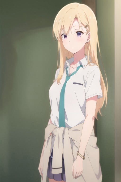 (masterpiece),ayase saki, blonde hair, long hair, purple eyes, 1girl, solo, necktie, clothes around waist, bracelet, jewelry, hair ornament, shirt, school uniform, skirt, white shirt