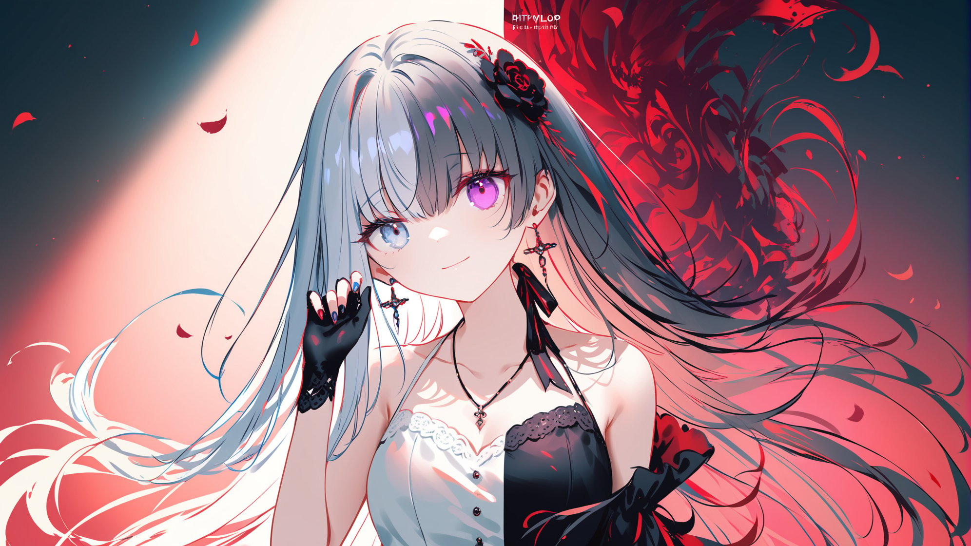 (masterpiece),(best quality),illustration,ultra detailed,hdr,Depth of field,(colorful),loli,[Artist:wlop],[[Artist:sheya]],Artist:hiten_(hitenkei),1girl,heterochromia,gloves,hair ornament,blue eyes,black gloves,solo,jewelry,long hair,black flower,looking at viewer,necklace,smile,purple eyes,white dress,dress,black rose,grey hair,elbow gloves,upper body,flower,earrings,collarbone,hair flower,asymmetrical gloves,black dress,single elbow glove,split theme,bare shoulders,indoors,single glove,ribbon,nail polish,breasts,