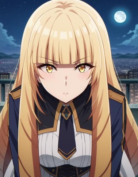 score_9, score_8_up, score_7_up, source_anime,orianarose, <lora:oriana-rose-ponyxl-lora-nochekaiser:1>,oriana rose, long hair, blonde hair, yellow eyes, drill hair, bangs, blunt bangs, mature female,skirt, jacket, necktie, white skirt, corset,outdoors, cityscape, night, moon, bent over,looking at viewer, dutch angle,