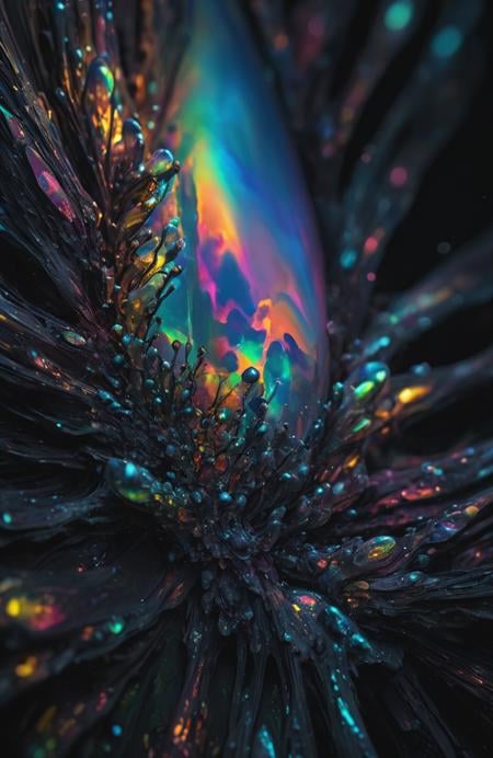 Iridescent opal style, macro, concept art, masterpiece, (fractal:0.2), fulcolor, dark noir, muffled light, realistic, soft shadows, best quality, hyper detailed, 4k. <lora:add-detail-xl:1>