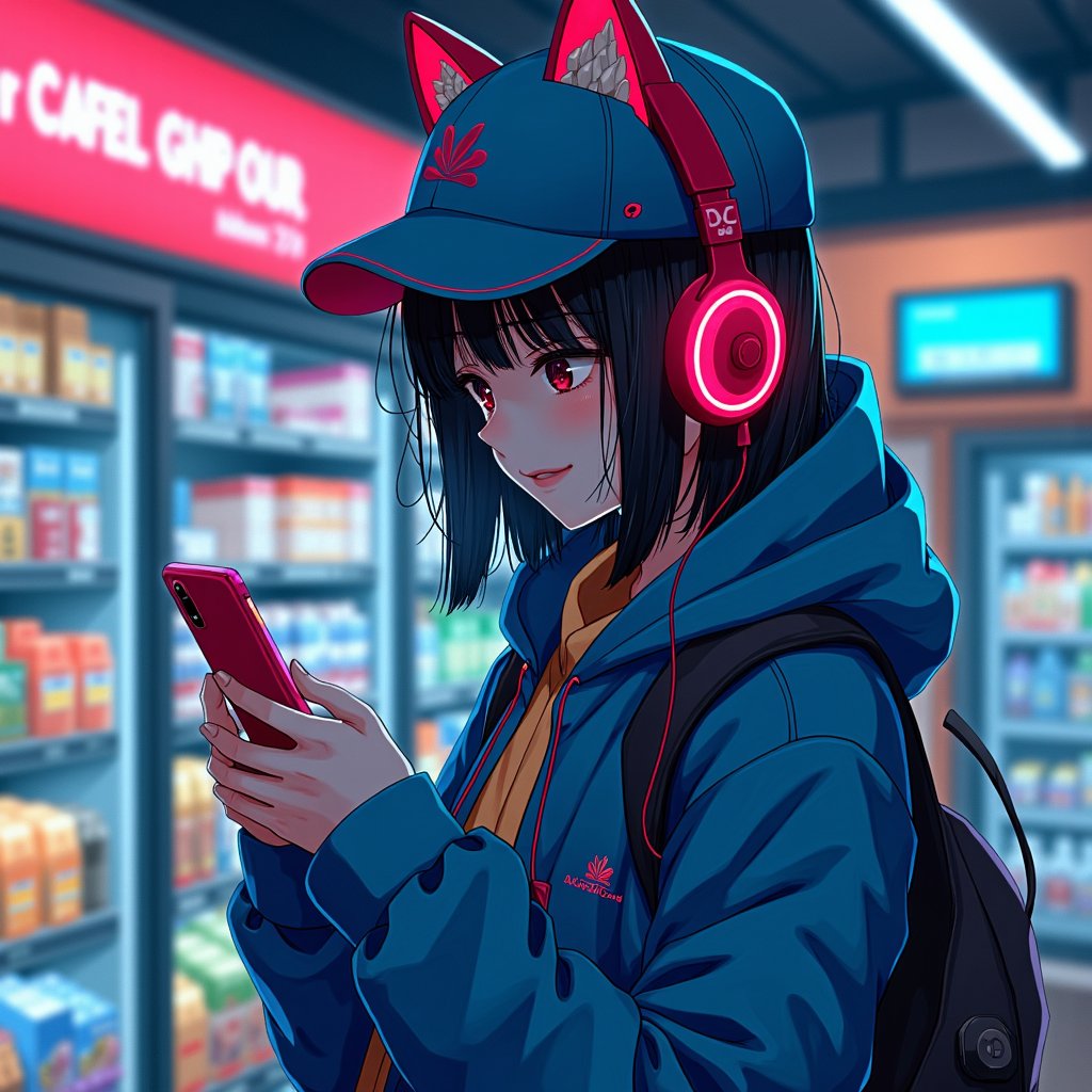 anime girl in a hat and coat using a cell phone,girl wearing headphones,pixiv frontpage,popular on pixiv,convenience store,(art station),top rated on pixiv,lofi girl,red headphones,shopping groceries,at pixiv,very detailed background,wearing a neon blue hoodie,getting groceries,headphones,mysterious coffee shop girl,detailed background,pixiv style,urban girl fanart,digital art on pixiv,wearing cat ear headphones,pixiv trending,lofi girl aesthetic,stood in a supermarket,she is holding a smartphone,checking her phone,neon shops,art - station,art-station,wearing modern headphone,inside a supermarket,wlop : :,photograph of a techwear woman,