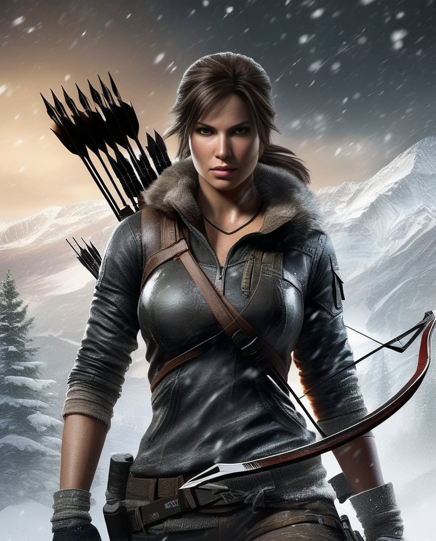 <lora:cg-000002:0.8:lbw=HBB>,Game CG style,this is a photo of lara croft from the game "rise of the tomb raider". she is wearing a dark jacket and torn jeans,holding a bow and arrow in her hands,aiming at something in the distance. her face is determined and focused,as if she is on a mission. the background is a snowy mountain range,with snowflakes falling around her. the overall tone of the image is intense and action-packed,