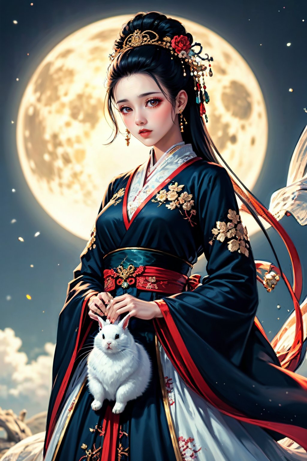 cka01,1girl,rabbit,moon,jewelry,holding animal,hanfu,earrings,hair ornament,night,full moon,chinese clothes,black hair,long sleeves,upper body,solo,makeup,night sky,blurry,flower,sky,blue dress,wide sleeves,blurry background,floral print,hair flower,looking down,<lora:cy01:0.8>,, best quality, ultra-detailed, masterpiece, finely detail, highres, 8k wallpaper