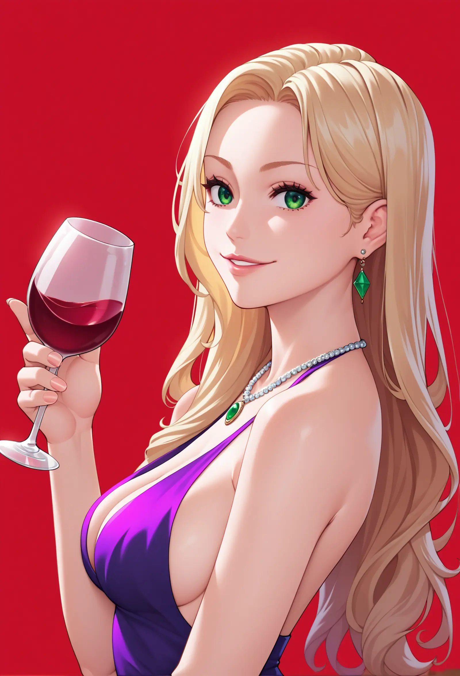 score_9, score_8_up, score_7_up,  source_anime, side view, 1girl, breasts, jewelry, solo, green eyes, earrings, cup, long hair, dress, necklace, looking at viewer, drinking glass, smile, holding, parted lips, cleavage, wine glass, holding cup, purple dress, medium breasts, white hair, upper body, bare shoulders, alcohol, red background,   lips, glint, wine, sideboob, blonde hair,<lora:Seto_Yuuki_PonyXL_dim32-000036:1>,