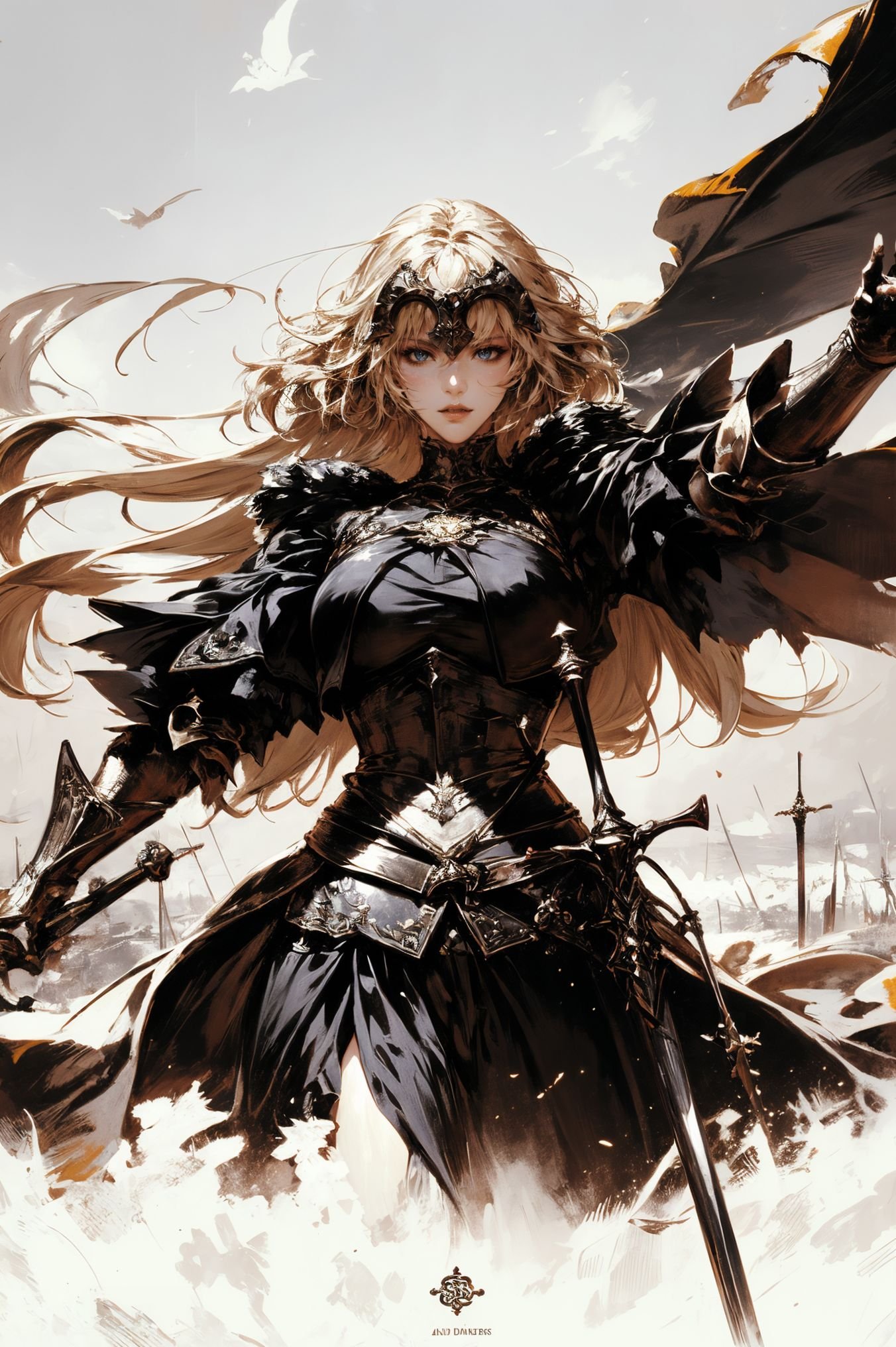 a stunning art,abstract,flowery,predominantly white,dynamic pose,centered,key visual,intricate,highly detailed,breathtaking beauty,precise lineart,vibrant,comprehensive,cinematic,xuer Jeanne D Arc,(Attacking posture:1.3),<lora:绪儿-黑贞德 xuer Jeanne D Arc:0.8>,