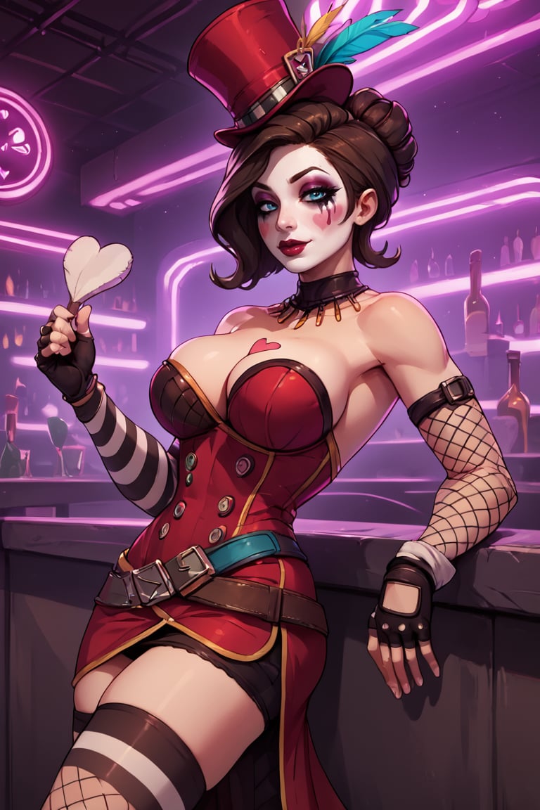 score_9, score_8_up, score_7_up, BREAK , 1girl, solo, looking at viewer, large breasts, breasts, <lora:moxxibl2-guy-v1PONY:.95>, moxxibl2, elbow gloves, fingerless gloves, makeup, lipstick, bare shoulders, cleavage, heart tattoo, fishnets, mini top hat, thighhighs, jewelry, belt, dress, eyeshadow, hat feather, indoors, neon trim, nightclub, 