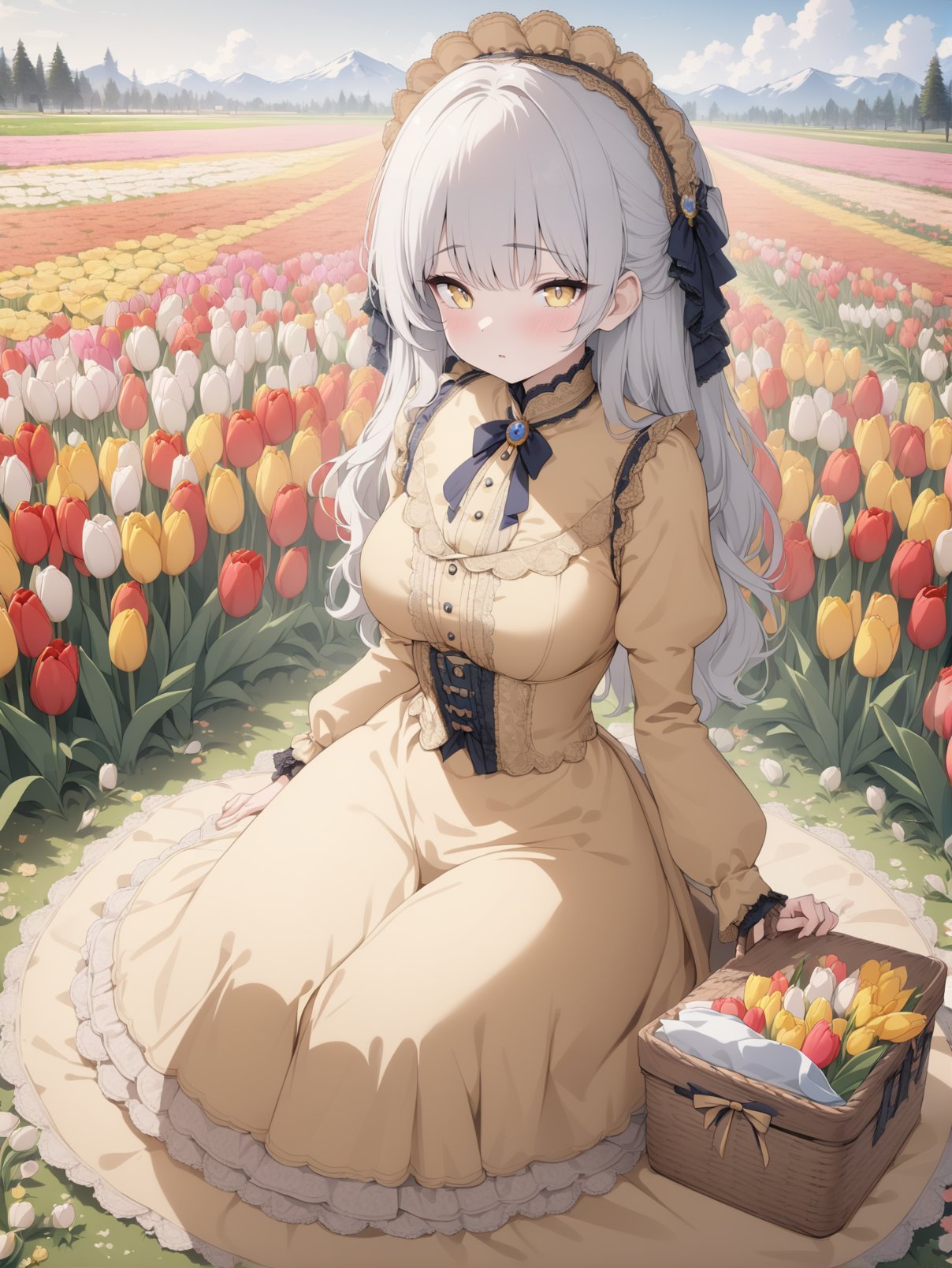 8k, masterpiece, highly detailed,1girl wearing a yellow (victorian dress), <lora:victorian_dress-XL-2.0:1>silver hair, picnic basket, tulips, flower field, sitting