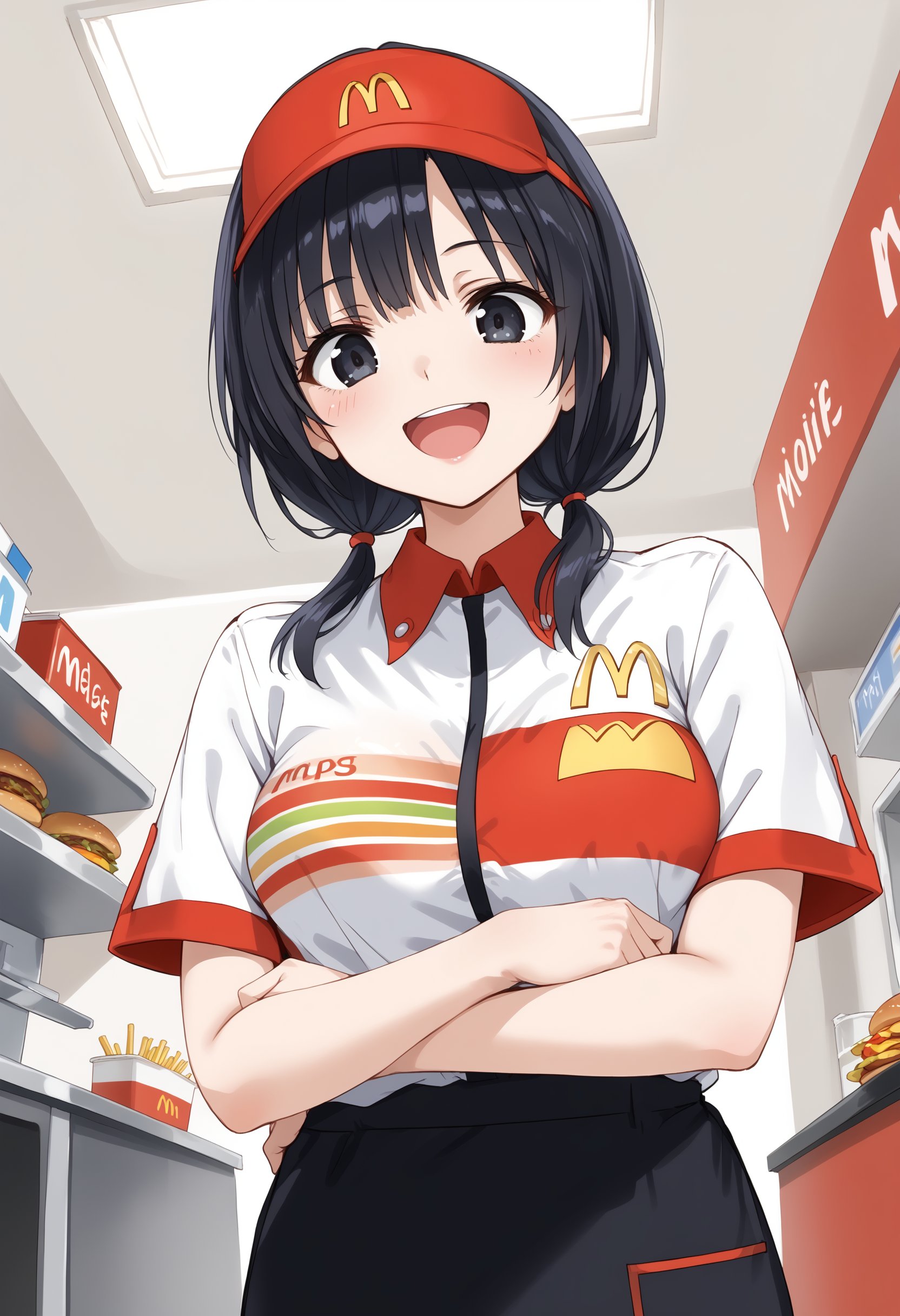 1girl, medium breasts,mac,employee uniform, fast food uniform, visor cap, short sleeves, clothes writing, <lora:Mac_Pony_v1:0.7>mcdonald's,dutch angle, upper body, looking down, black hair, black eyes,laugh,  closed mouth, low twintails hair,,