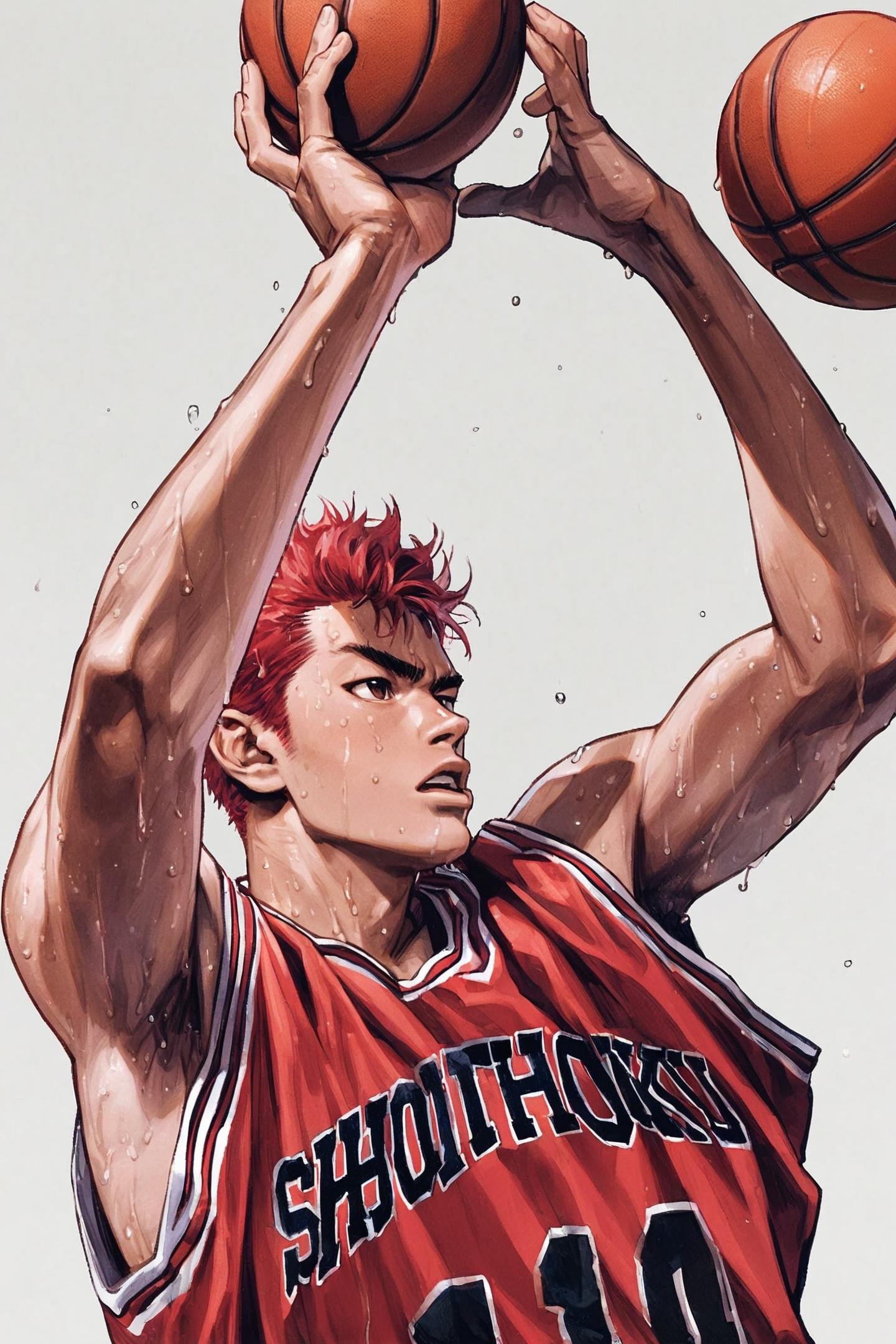 Sakuragi Hanamichi, basketball,red basketball uniform, 1boy, male focus, solo, shoes, sneakers, sportswear, red hair, white background, shorts, simple background, sweat, holding, jumping, arms up, nike, full body, ball, red shorts, holding ball,<lora:Inoue Takehiko_XL:0.8>,