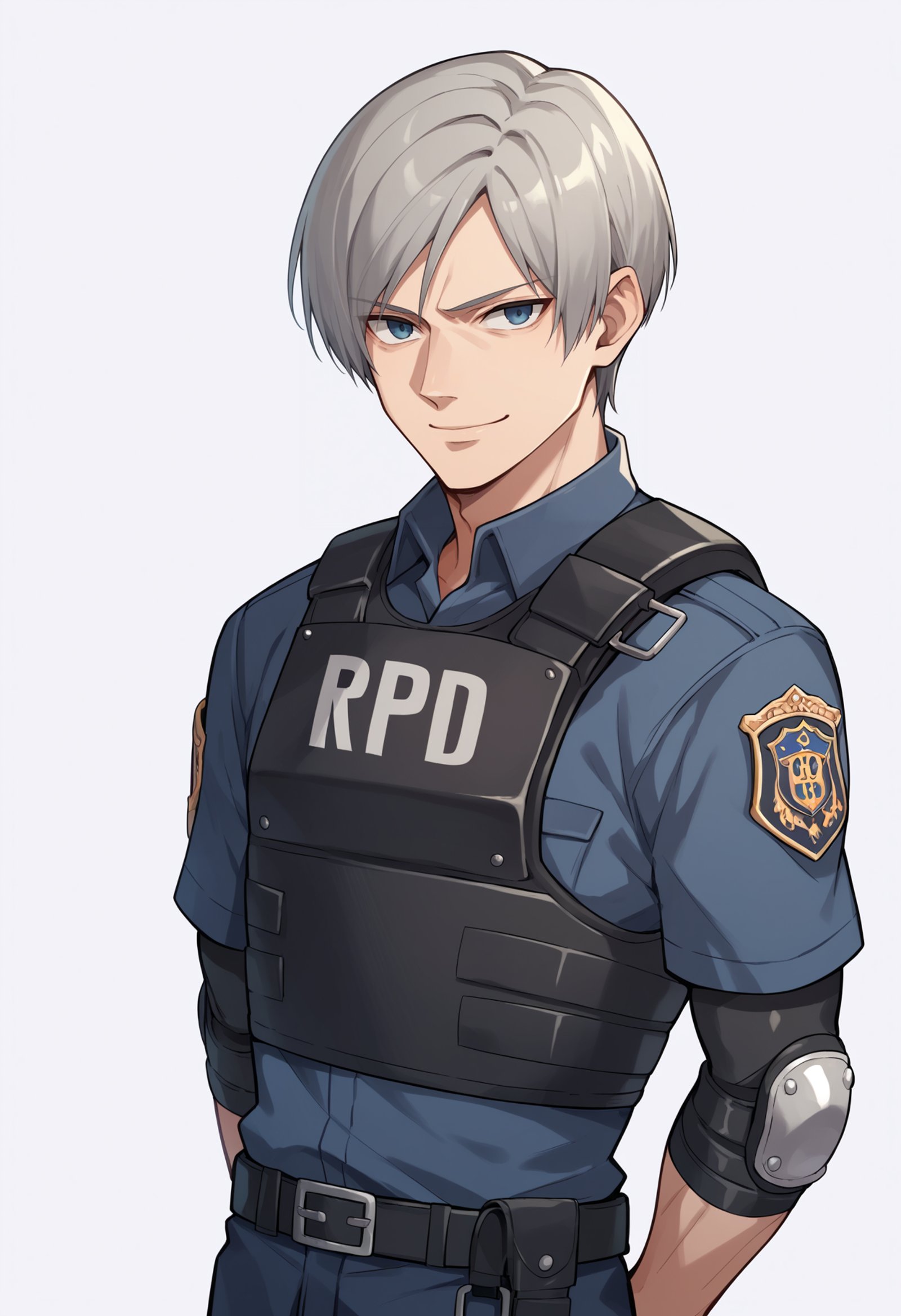 score_9, score_8_up, score_7_up, score_6_up, score_5_up, score_4_up, BREAK, source_anime,1boy, leonkennedy, grey hair, short hair, belt, police uniform, bulletproof vest, fingerless gloves, blue shirt, elbow pads, long sleeves,hands behind back, smile, upper body, looking at viewer, solo, simple background, white background     <lora:LeonKennedyXL:1>