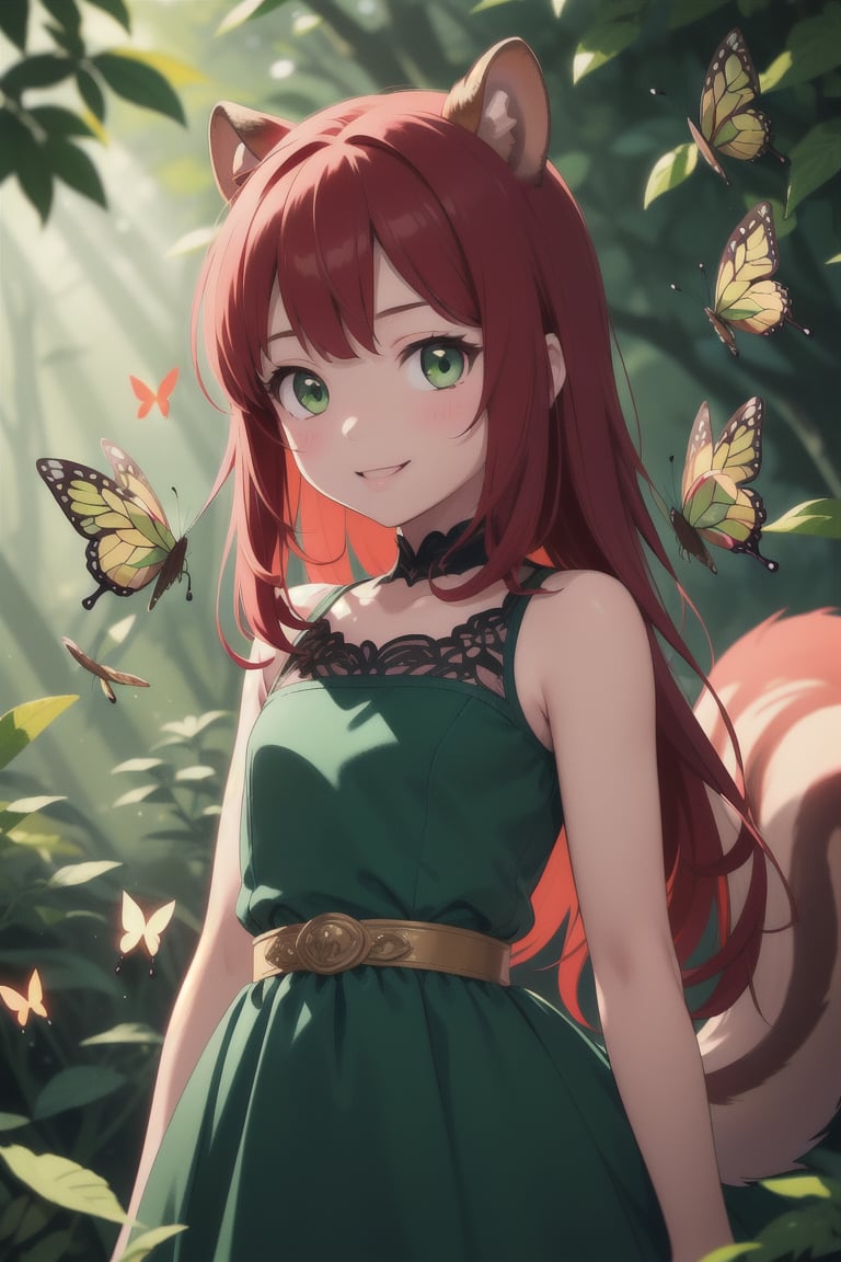 (illustration), 1 young girl, 5yo, (extreme red hair), shoulder long hair, deep green eyes, perfect beautiful face, (extreme young face), perfect round eyes, small squirrel ears, (cute fluffy squirrel tail), (small dark green dress), looks at the viewer, ((she tries to catch butterflies)), many butterflies, ((background summer forest)), sunlight shines through the trees, full body view,  smile, (masterpiece:1.2), (best quality:1.2), newest, ai-generated, ultra-detailed, best shadow, detailed background, high contrast, (best illumination, an extremely delicate and beautiful), ((cinematic light)), hyper detail, dramatic light, intricate details, 8k, anime, very aesthetic, vibrant colors, depth of field, 