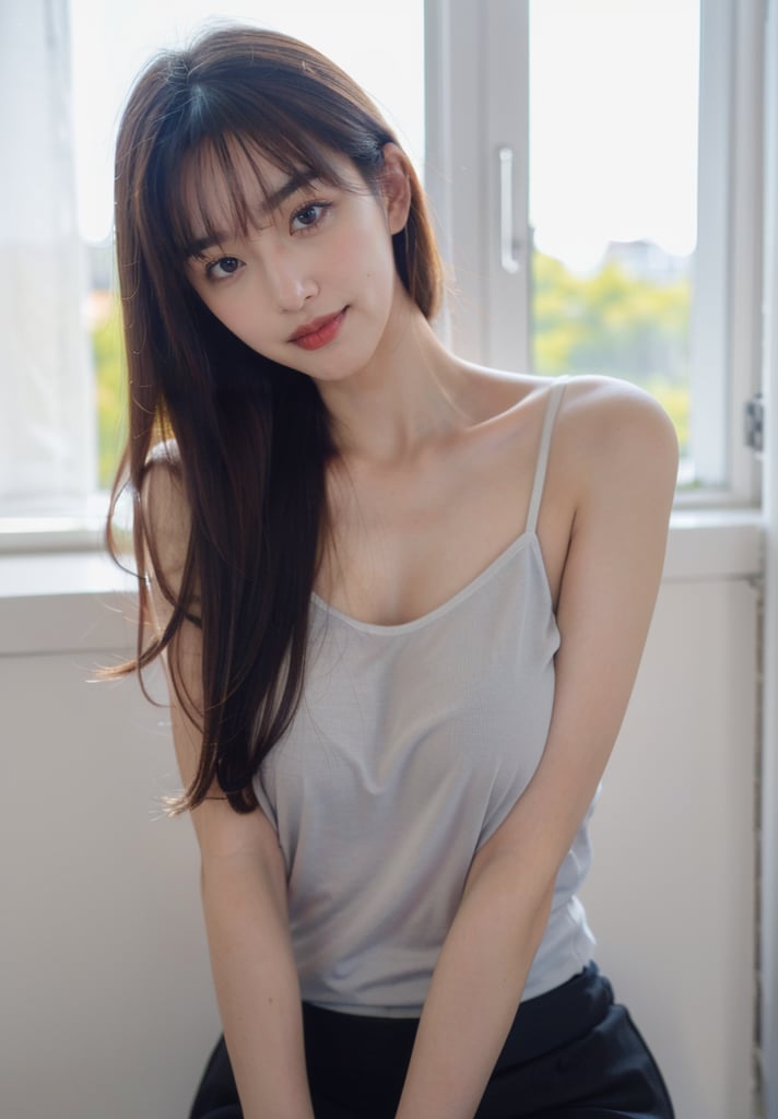 1girl, solo, long hair, brown hair, breasts, indoors, looking at viewer, smile,  black skirt, window, parted lips, brown eyes, realistic, lips, camisole, bare shoulders, large breasts, <lora:大码慵懒微透长袖T恤风:0.8>