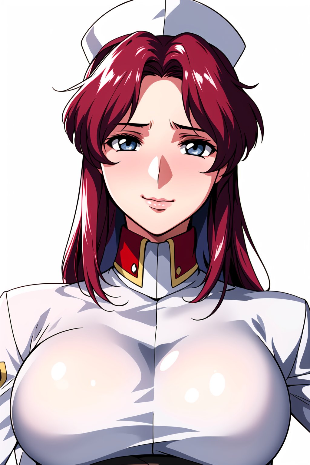 Simple White Background,military uniform, military,white jacket, white uniform,Skirt,pencil skirt,<lora:Flay_Allster_Gundam_Seed-KK77-V1:0.7>, white_hat,bangs,red_hair, long_hair,blue eyes,a White bow in her hair,<lora:Oda_Non_Style-KK77-V2:0.3>,<lora:more_details:0.1>,1 girl, 20yo,Young female,Beautiful Finger,Beautiful long legs,Beautiful body,Beautiful Nose,Beautiful character design, perfect eyes, perfect face,expressive eyes,perfect balance,looking at viewer,(Focus on her face),closed mouth, (innocent_big_eyes:1.0),Light_Smile,official art,extremely detailed CG unity 8k wallpaper, perfect lighting,Colorful, Bright_Front_face_Lighting,shiny skin,(masterpiece:1.0),(best_quality:1.0), ultra high res,4K,ultra-detailed,photography, 8K, HDR, highres, absurdres:1.2, Kodak portra 400, film grain, blurry background, bokeh:1.2, lens flare, (vibrant_color:1.2),professional photograph,(Beautiful,large_Breasts:1.6), (beautiful_face:1.5),(narrow_waist),