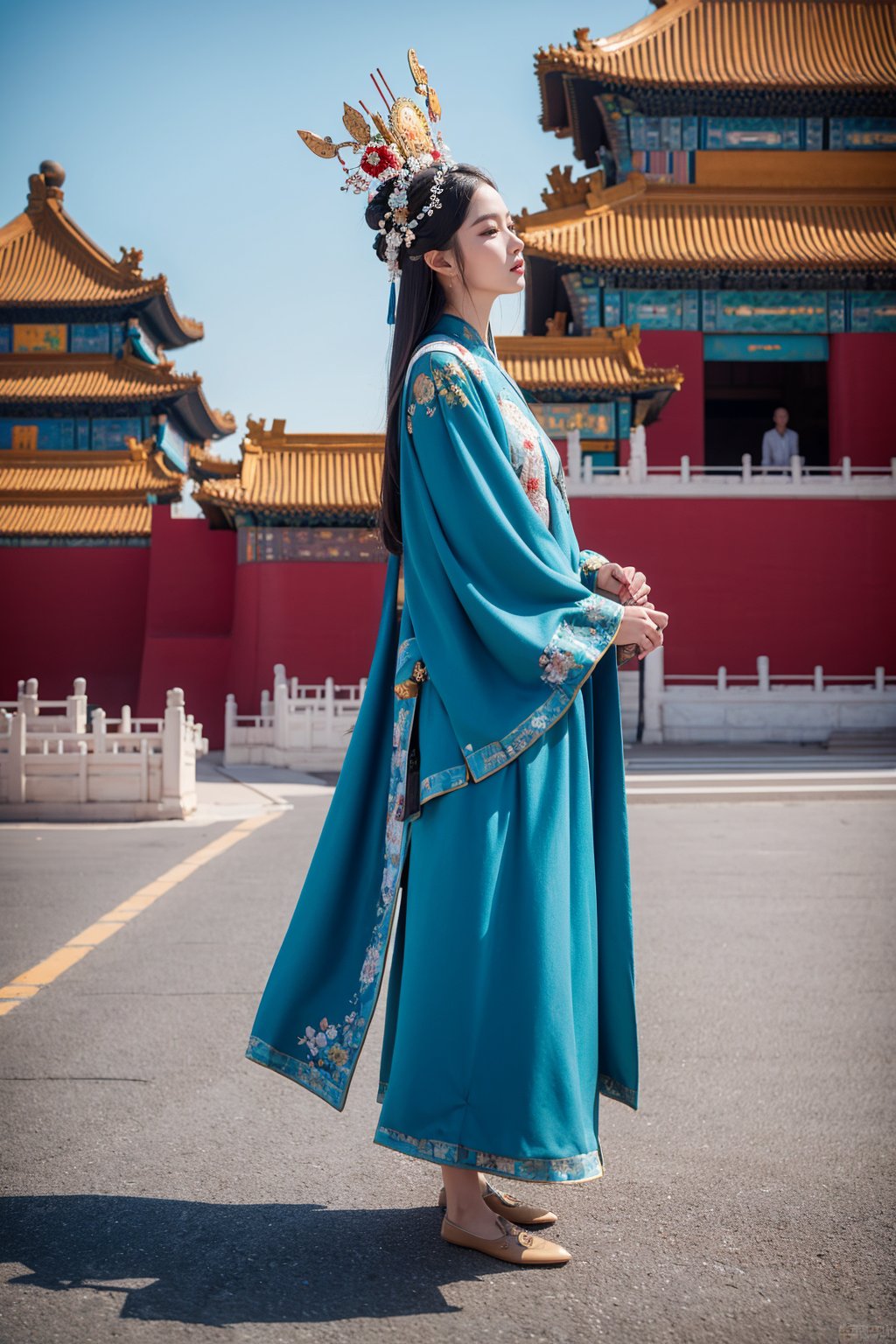 gugong, Sky, cloud, sky, 1 Hanfu girl, fine headdress, full body, Embroidered Flats, foot-free, solo, Audience, outdoor, blue sky, scenery, East Asian architecture, architecture, Forbidden City, road, 8K, photographic light, RAW photos, high resolution, Hyfine profile