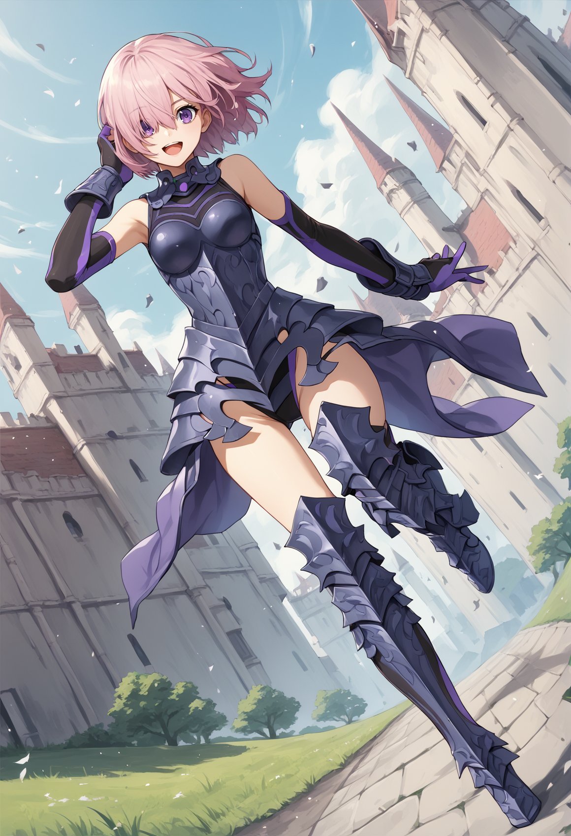 1girl, short hair, pink hair, purple eyes, hair over one eye, leotard, Clothing Cutout, elbow gloves, Thighhighs, armor, gauntlets, greaves, armored boots, smile, outdoors, castle, full body, dutch angle, hand on hair, looking at viewer, smile, open mouth, wind <lora:Mashu:1>, score_9, score_8_up, score_7_up, score_6_up, score_5_up, score_4_up, BREAK source_anime, masterpiece