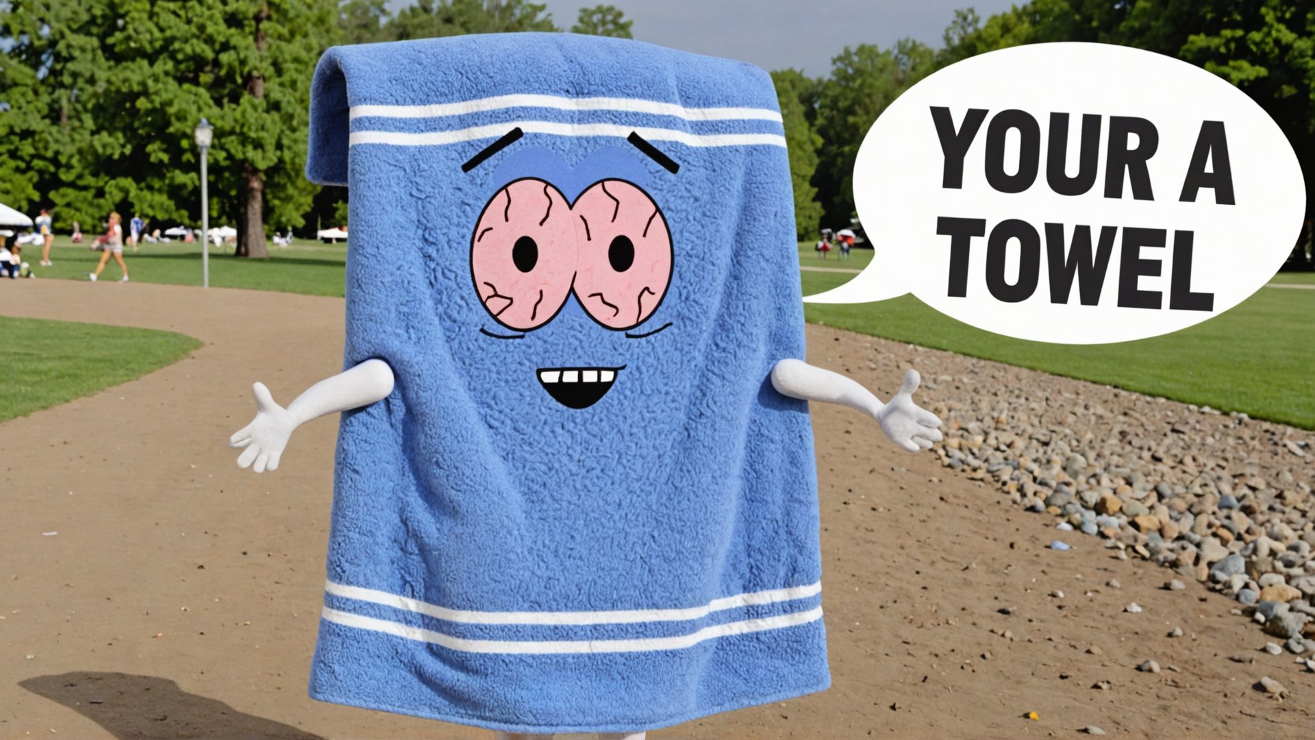 Photo of Towelie at the park with a text bubble that says "your a towel" <lora:Towelie_v420:0.8>