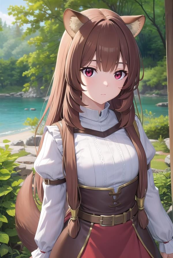 raphtalia, <lora:raphtalia-lora-nochekaiser:1>,raphtalia, animal ears, brown hair, long hair, raccoon ears, raccoon girl, raccoon tail, (red eyes:1.5), tail,BREAK arm garter, belt, brown belt, brown dress, dress, juliet sleeves, long sleeves, puffy sleeves, short dress,BREAK looking at viewer,BREAK outdoors, forest, nature, sun, sky, (cowboy shot:1.5),BREAK <lyco:GoodHands-beta2:1>, (masterpiece:1.2), best quality, high resolution, unity 8k wallpaper, (illustration:0.8), (beautiful detailed eyes:1.6), extremely detailed face, perfect lighting, extremely detailed CG, (perfect hands, perfect anatomy),