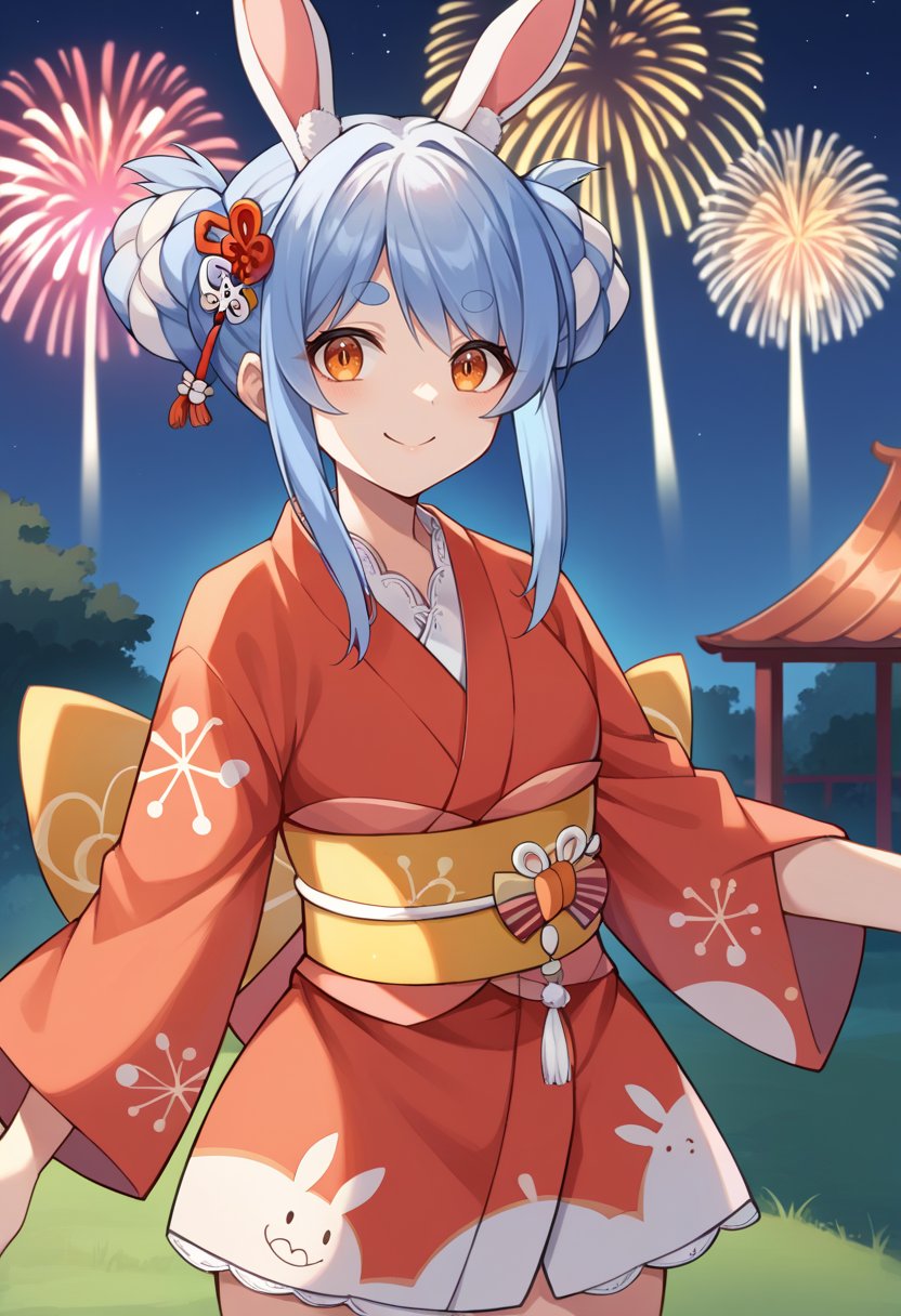 score_9, score_8_up, source_anime, 1girl, solo, PekoraNewYears, orange eyes, thick eyebrows, rabbit ears, two-tone hair, blue hair, white hair, double bun, braided bun, tassel hair ornament, red kimono, short kimono, sleeves rolled up, tasuki, yellow obi, night, outdoors, festival, fireworks, smile, <lora:ChamUsadaPekoraPonyXL:1>