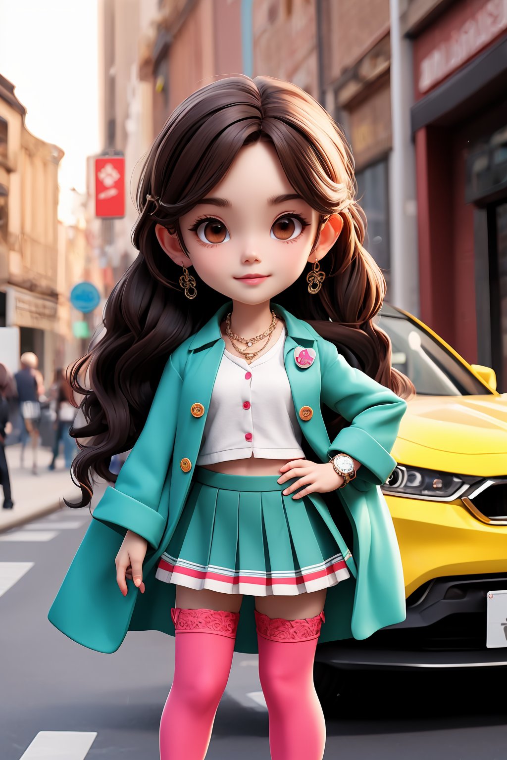 1girl, breasts, skirt, underwear, necklace, looking at viewer, navel, shirt, bracelet, cleavage, solo, long hair, pleated skirt, outdoors, cowboy shot, car, skirt, sleeves rolled up, midriff, collar, road, miniskirt, motor vehicle, collarbone, collared shirt, thighhighs, street, standing, chain, buttons, watch, bow, buttoned, single thighhigh, day, lace trim, wristwatch, jacket,