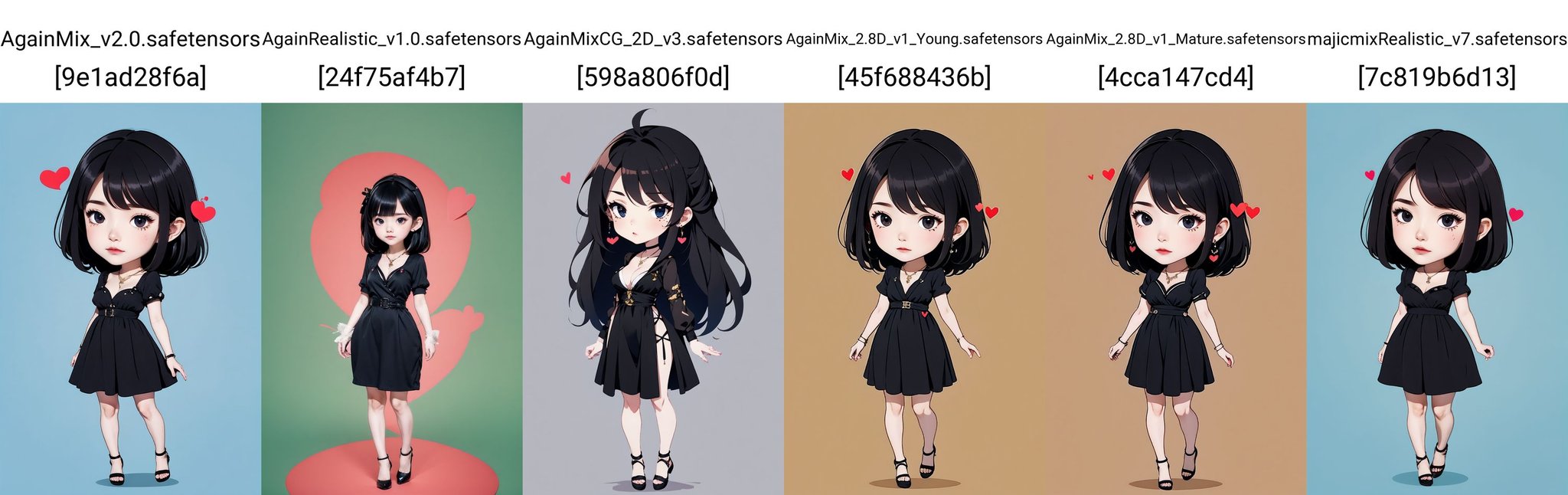 <lora:AgainChibiLora_v1:1>,1girl, 1boy, solo, mole under eye, jewelry, mole, heart, black hair, necklace, dress, black eyes, black dress, black footwear, full body, breasts,