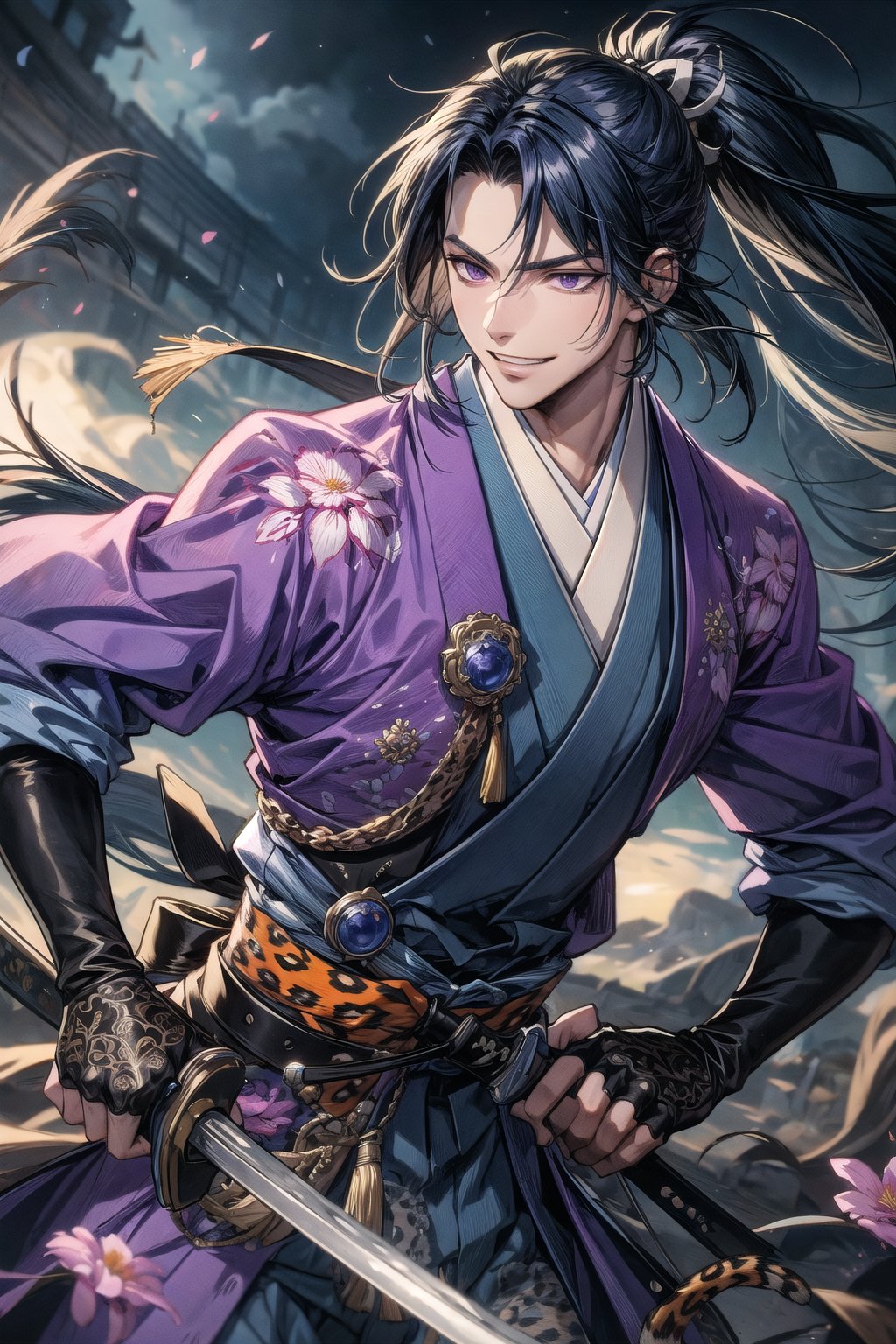 (masterpiece, best quality:1.3), 8k resolution, digital illustration, 3d, original, 2d, traditional media, cinematic, ultra-detailed portrait, hyperdetailed, (deep depth of field:1.3), y0rihisa, 1boy, bishounen, samurai, manly, male focus, (leopard print), Japanese clothes, belt, fingerless gloves, cowboy shot, fighting stance, japanese architecture, warrmth, detailed face, focus, parted lips, !, raised eyebrows, gradient, leaning forward, from side, handsome, manga cover, purple hair, purple eyes, hair intakes, high ponytail, sideways glance, evil grin, evil smile, soft lighting, floating hair, fingerless gloves, dynamic posture, (holding sword:1.3), katana, unsheathing, motion blur, (foreshortening:1.1), close-up, volumetric lighting, bloom, sky, dark, cloud, blurry foreground, flower, atmosphere, fog, dutch agle, (extremely detailed), intricate details<lora:EMS-179-EMS:0.200000>, <lora:EMS-91280-EMS:0.200000>, <lora:EMS-365546-EMS:0.600000>, <lora:EMS-3262-EMS:0.400000>, <lora:EMS-1093-EMS:0.300000>