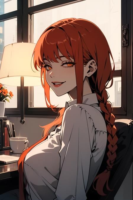 1girl, red hair, medium hair, 1 long braids, orange eyes, half-closed eyes, seductive smile, office lady, night time, lamp light,   <lora:makima_offset:0.6> makima \(chainsaw man\)