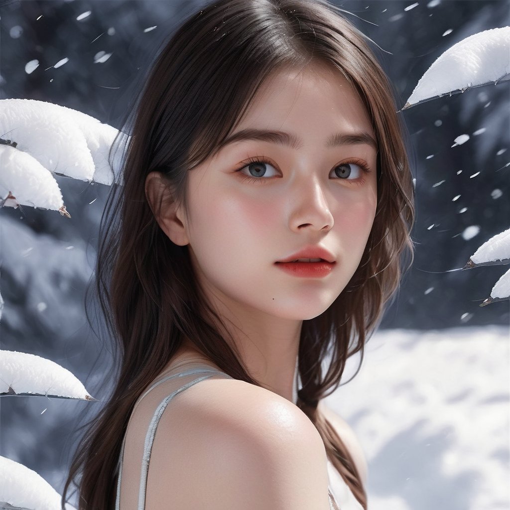 masterpiece,(best quality:1.3),ultra high res,raw photo,detailed skin,style: realistic pictures,1girl,natural light,a clear face,minor acne,<lora:ArienMixXL-1.3-SDXL:0.6>,a hot summer,snow background,