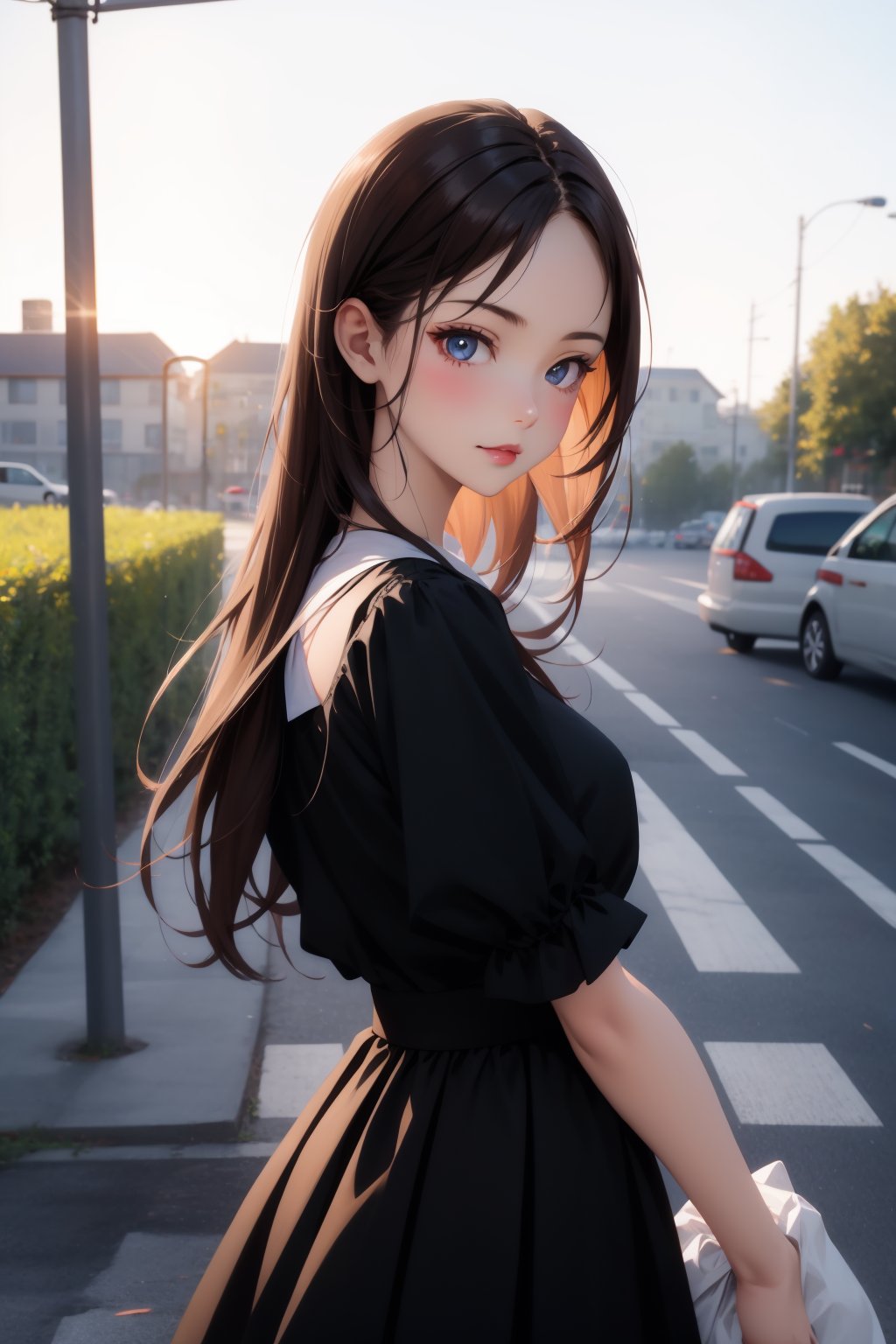 1girl, dress, looking at viewer, suburban scenery