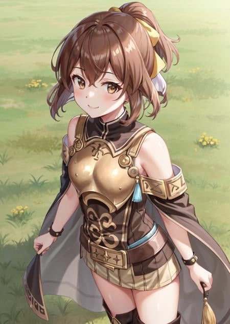 masterpiece, best quality, delthea, hair bow, brown cape, bare shoulders, breastplate, tabard, brown dress, boots, standing, from above, grass, looking at viewer, curious, smile <lora:delthea-nvwls-v4-000012:0.9>