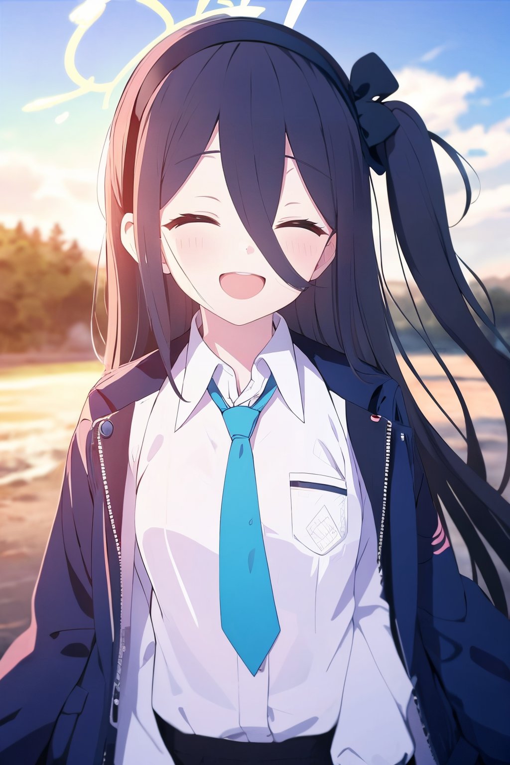 1girl, solo, aris (blue archive), necktie, closed eyes, long hair, blue necktie, halo, smile, black hair, shirt, collared shirt, hair between eyes, jacket, hairband, one side up, open mouth, white shirt, facing viewer, blush<lora:BA_v1_wd14_LoRA:0.8>,