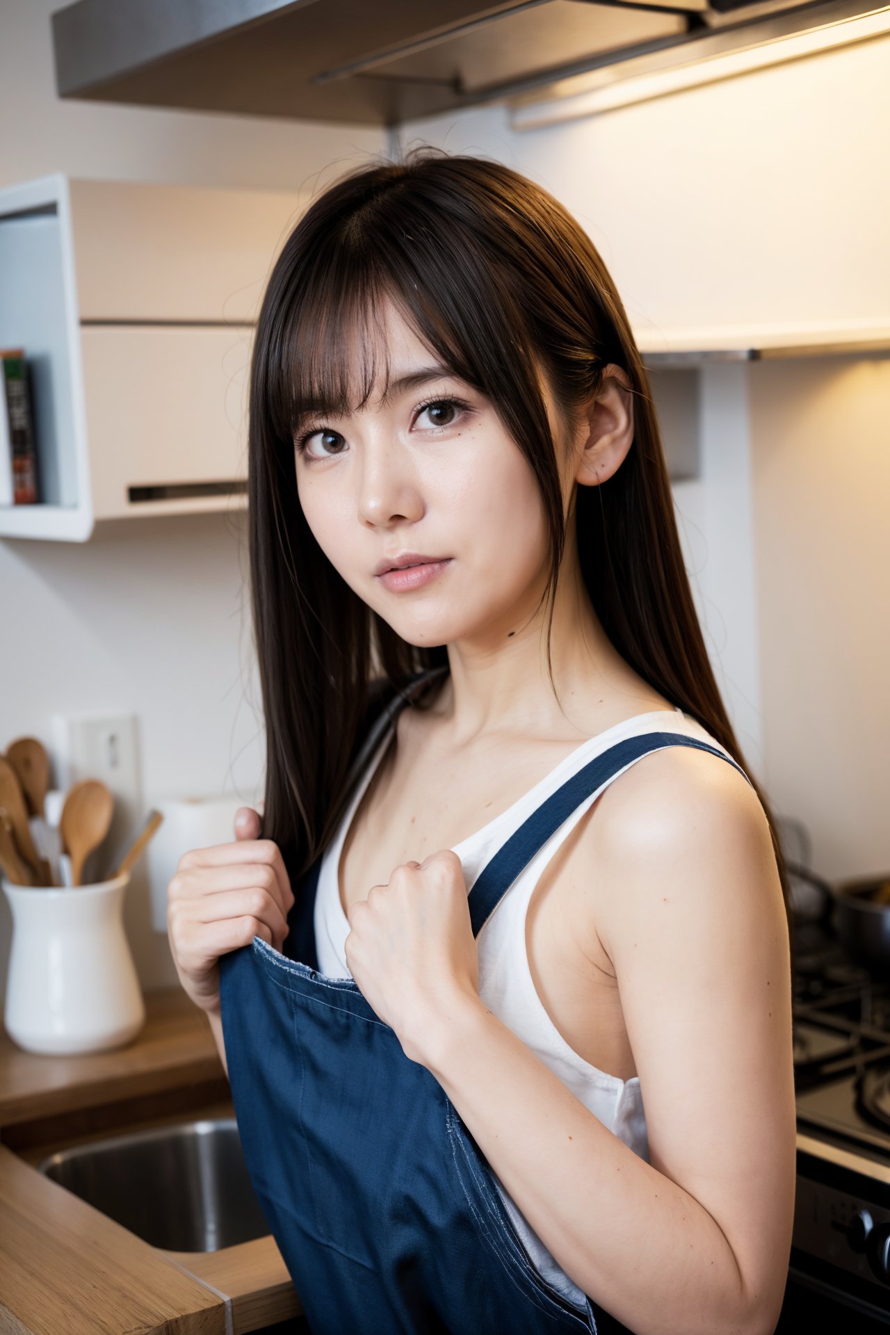 <lora:aiManjaKK-09:0.8>, woman, long hair, apron, kitchen, bokeh, led lights