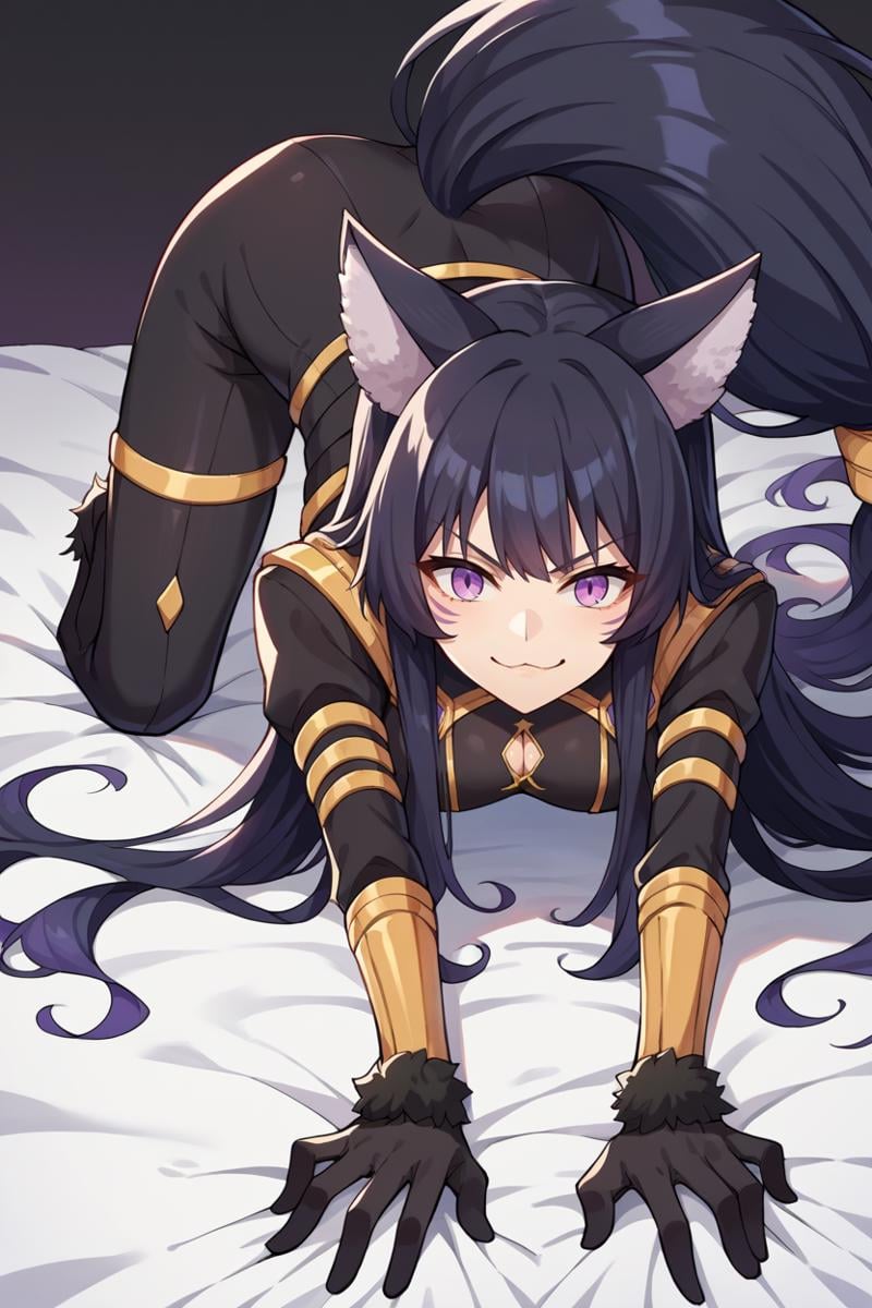 score_9, score_8_up, score_7_up, score_6_up, source_anime, 1girl, solo,  <lora:delta-pdxl-nvwls-v1-000005:1> delta, black hair, long hair, facial mark, wolf ears, black bodysuit, long sleeves, cleavage cutout, gold trim, navel, black pants, black gloves, fur trim, tail, crouching, rooftop, all fours, top-down bottom-up, looking at you, smirk, bed