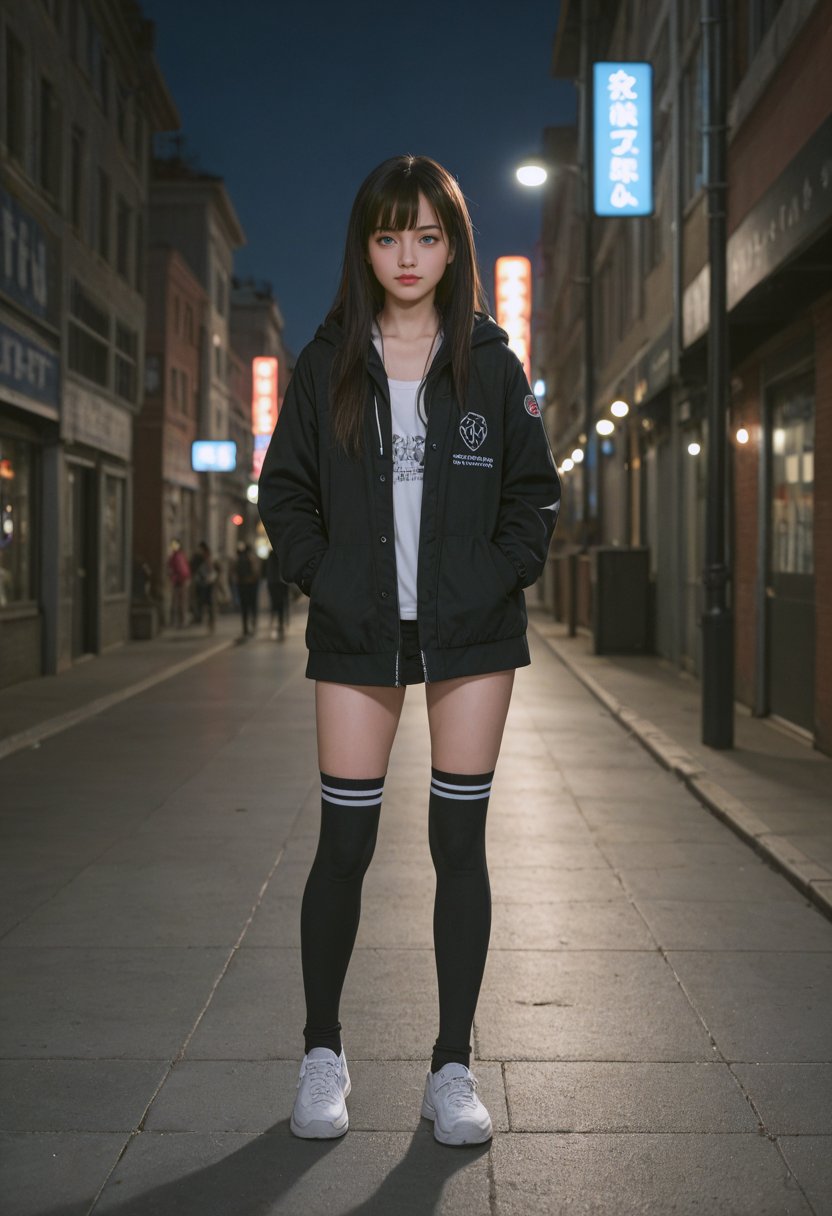 score_9, score_8_up, score_7_up, score_6_up, BREAK , source_real, raw, photo, realistic,  BREAK, 1girl, solo, black hair, socks, jacket, looking at viewer, night, standing, shoes, bangs, long hair, full body, black jacket, outdoors, cyberpunk, kneehighs, building, long sleeves, closed mouth, asymmetrical legwear, tattoo, blue eyes, single sock, single kneehigh, uneven legwear, sign, sneakers, hood, thighhighs, sky, street, open clothes, city, reflection