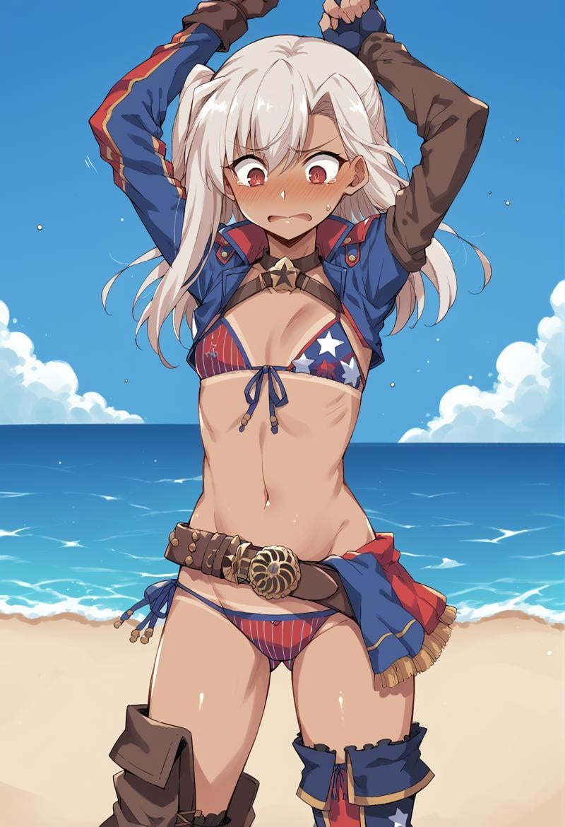 1girl, long hair, white hair, red eyes, side-up, feather, American Flag Bikini, cropped jacket, long sleeves, asymmetrical gloves, fingerless gloves, asymmetrical legwear, asymmetrical footwear, Single Thighhigh, thigh boots, belt, tan, tanlines, outdoors, beach, blush, arms up, looking down, panicking, embarrassed, flat chest <lora:Musashi:1>  <lora:Illya_IQ2:1>, score_9, score_8_up, score_7_up, score_6_up, score_5_up, score_4_up, BREAK source_anime, masterpiece